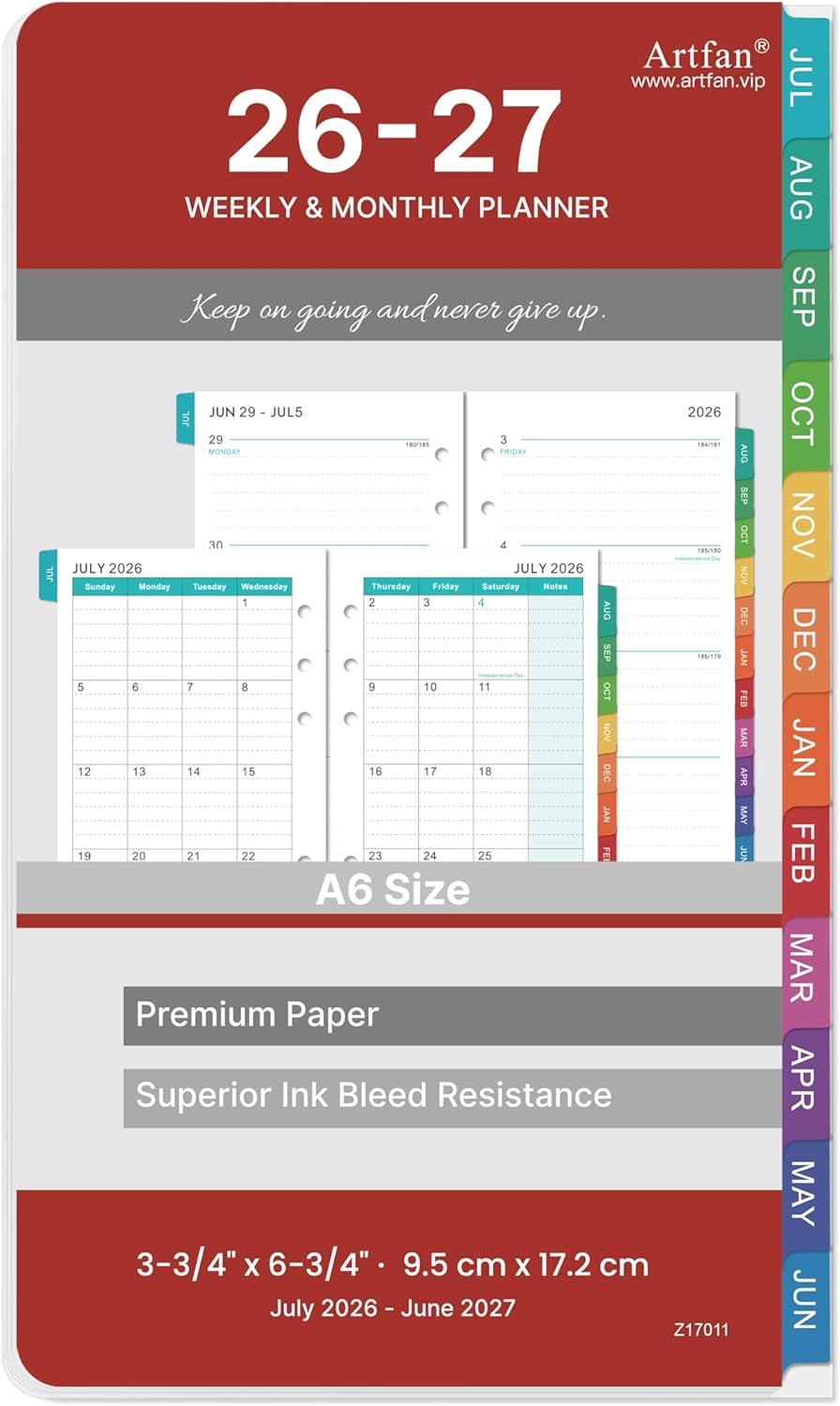 2026 A6 Calendar Refill Pages 3.75×6.75 Weekly Monthly Jan-Dec 6 Ring Red New US