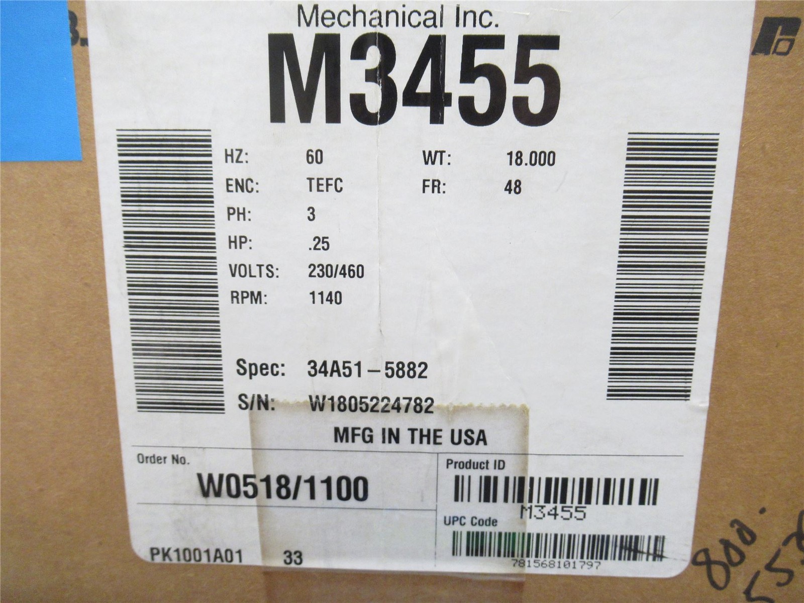 242133 New In Box; Baldor M3455 AC Motor; 1/4HP; 230/460V; 1140RPM; 3PH; 60HZ