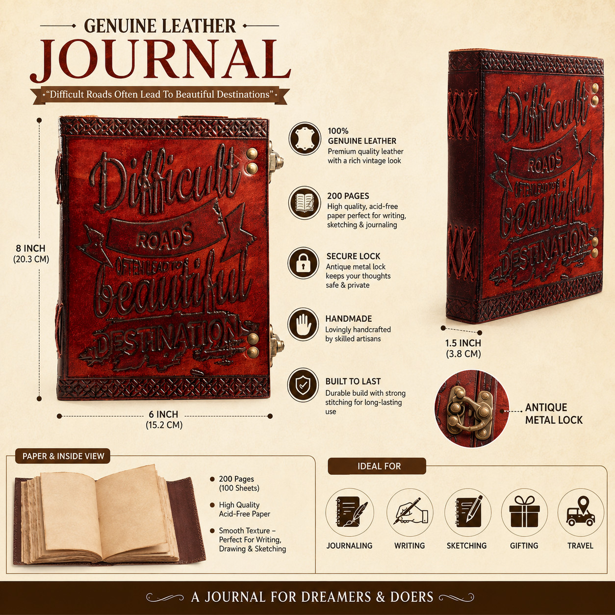 Handmade Leather Journal 7×5 Vintage Diary with Lock UnLined Pages Notebook