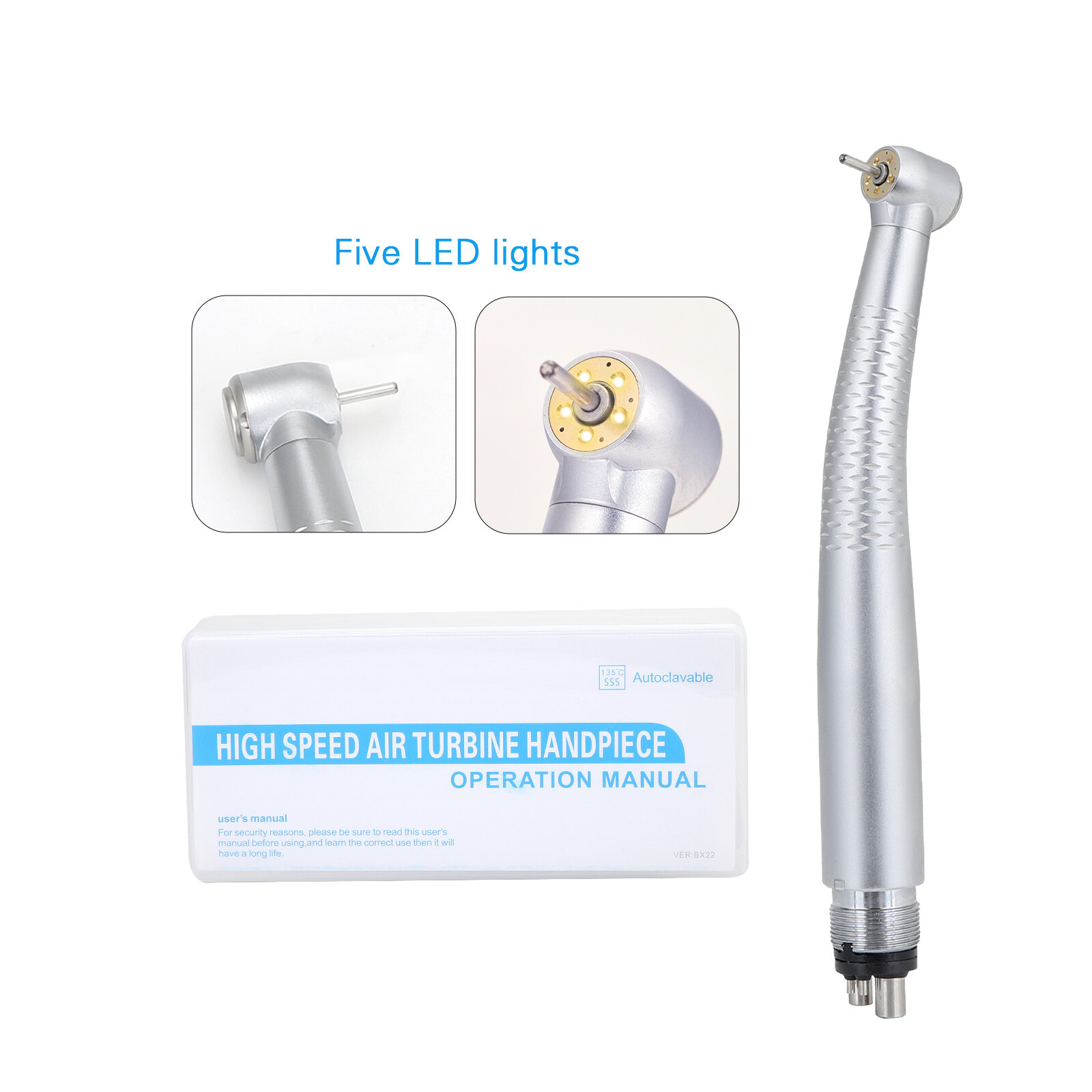 Dental 5 O-LED High Speed Handpiece Push Button with 5 Water Spray 4 Holes