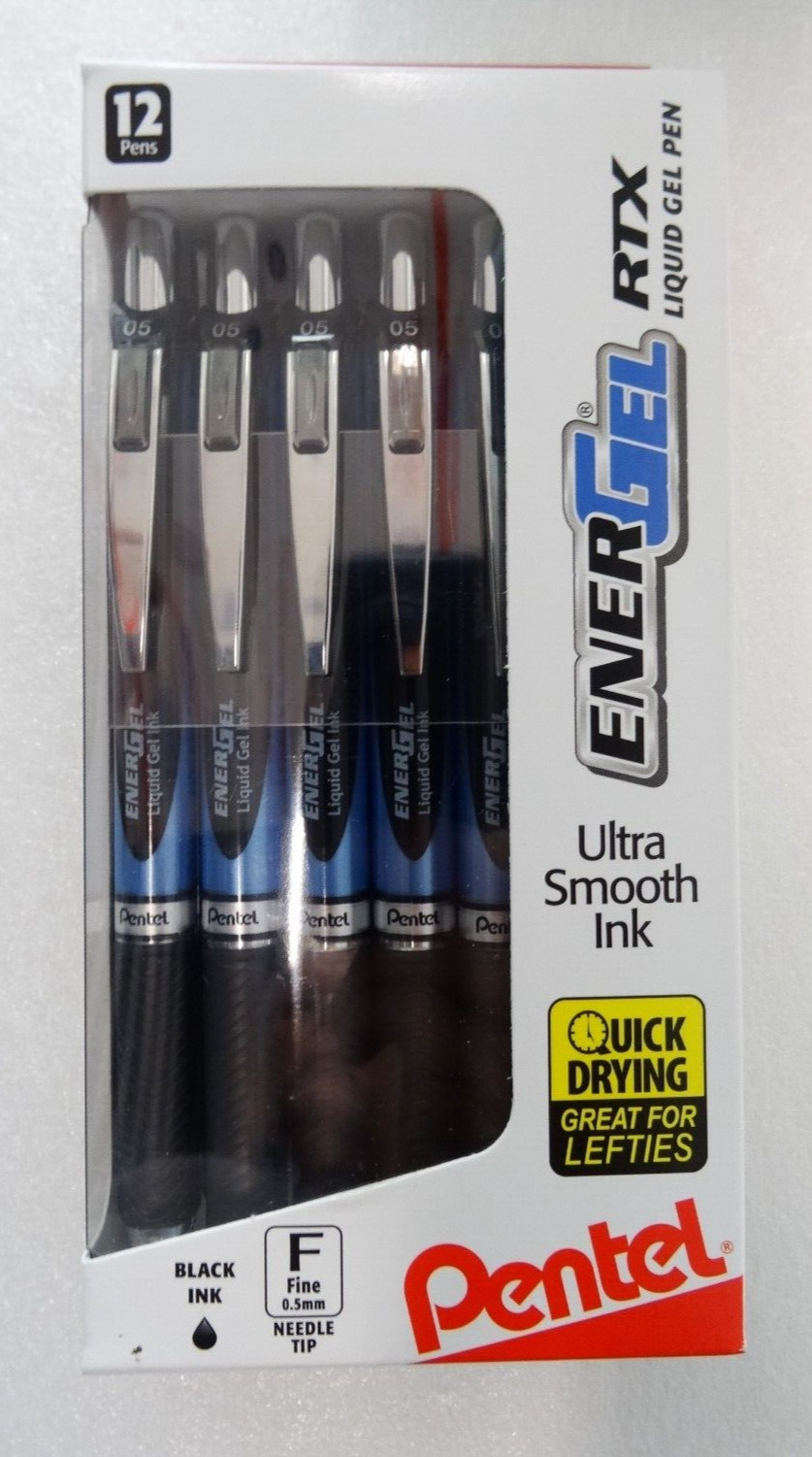 12 Pentel ENERGEL RTX Liquid Gel Pens BLACK INK 0.5mm FINE F – NEW BOXED