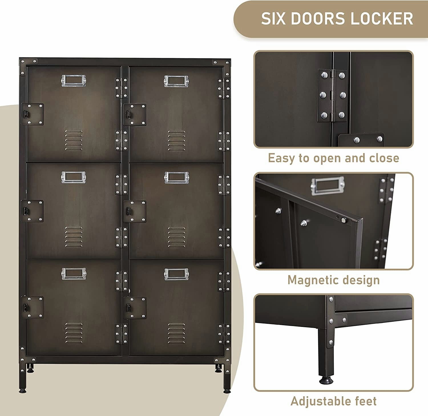 Vintage Metal Storage Cabinet 47.3H Industrial Steel Locker Cabinet with 6 Doors