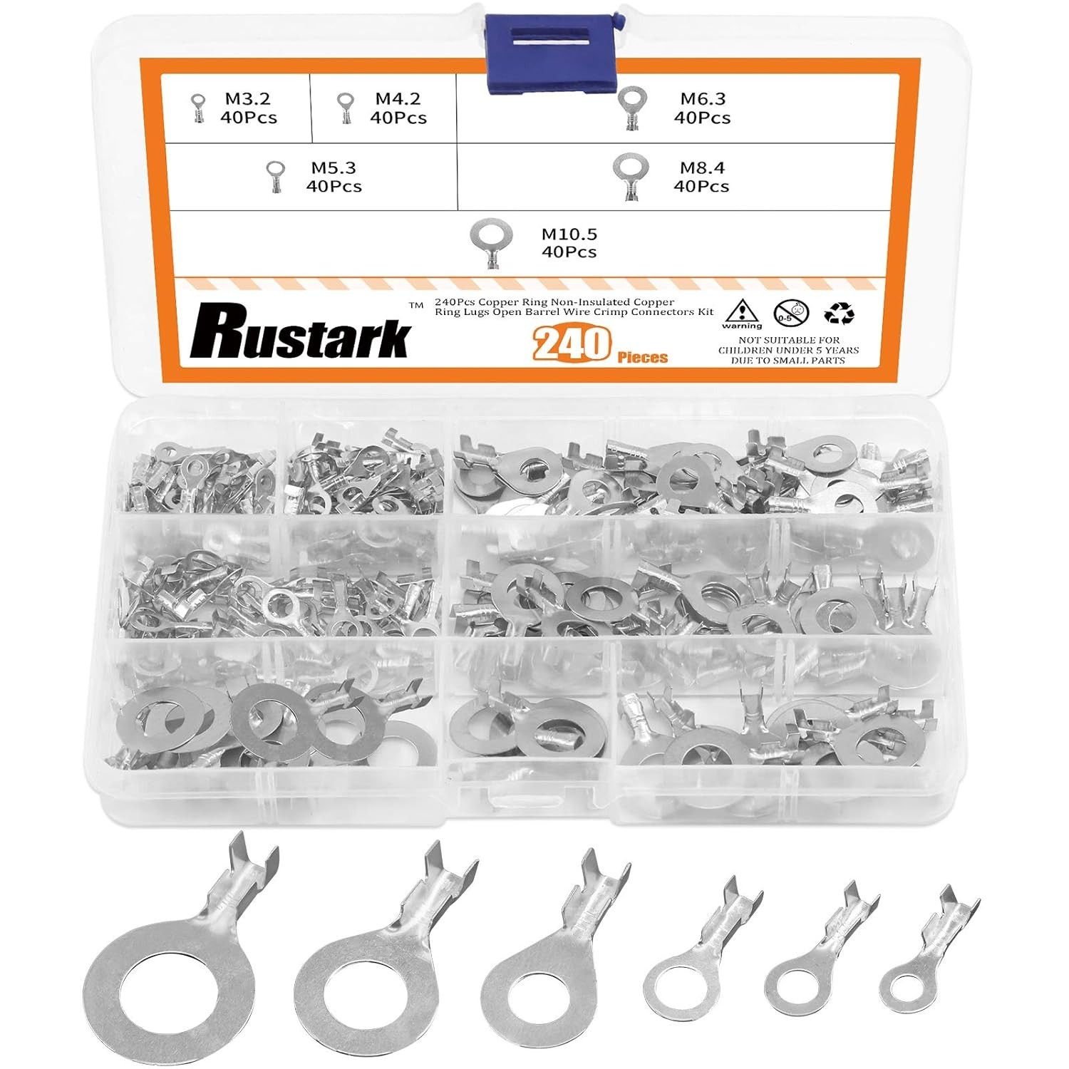 6 Sizes 240 Pcs Non-Insulated Ring Crimp Terminals Connector Assortment Set, O-T