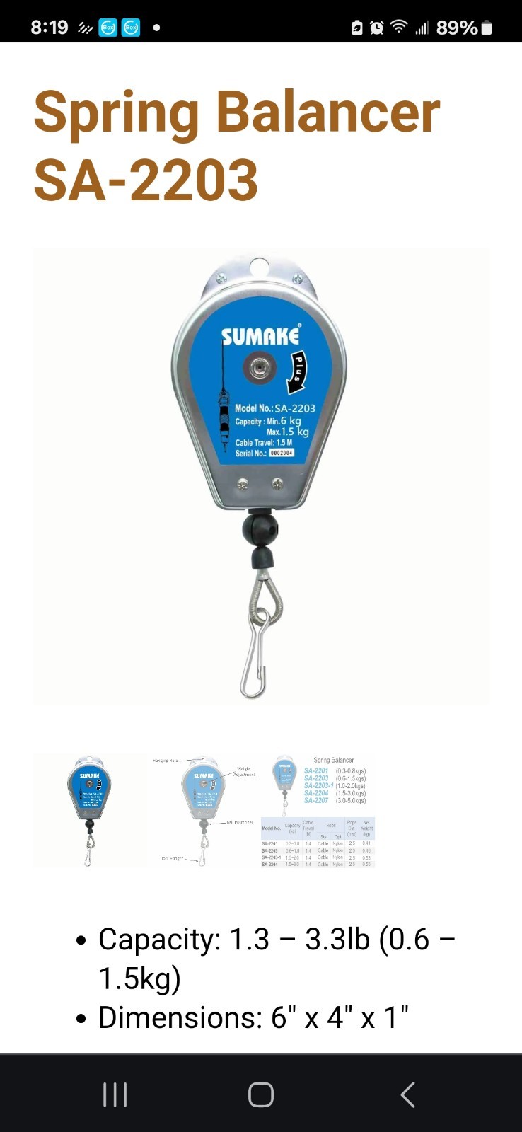 Sumake spring balancer, capacity 0.3 kg – 1.2 kg travel 1.4 meters = 4.82 ft.