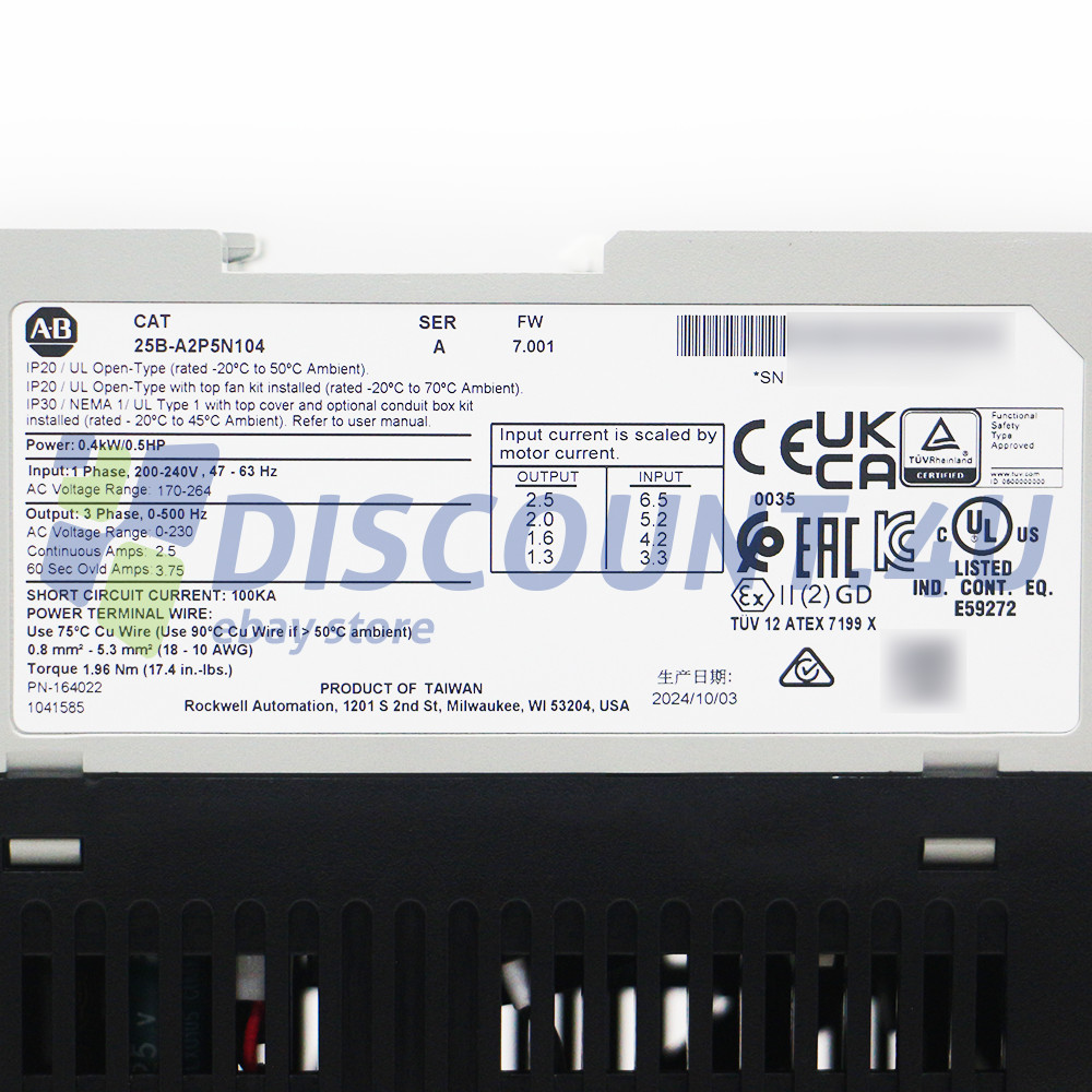 New Sealed Allen Bradley 25B-A2P5N104 Ser A PowerFlex 525 AC Drive 0.4kW 0.5Hp