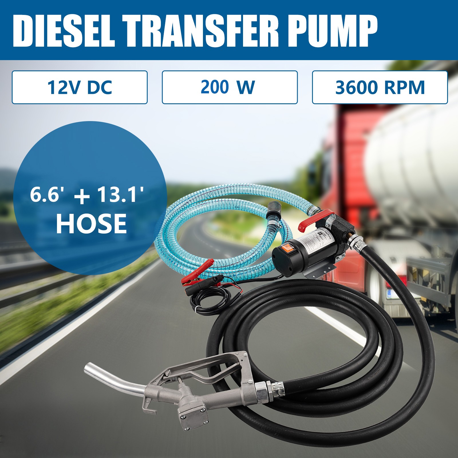Fuel Transfer Pump 200W Electric Diesel Kerosene Pump 12V DC 10GPM Nozzle Hoses