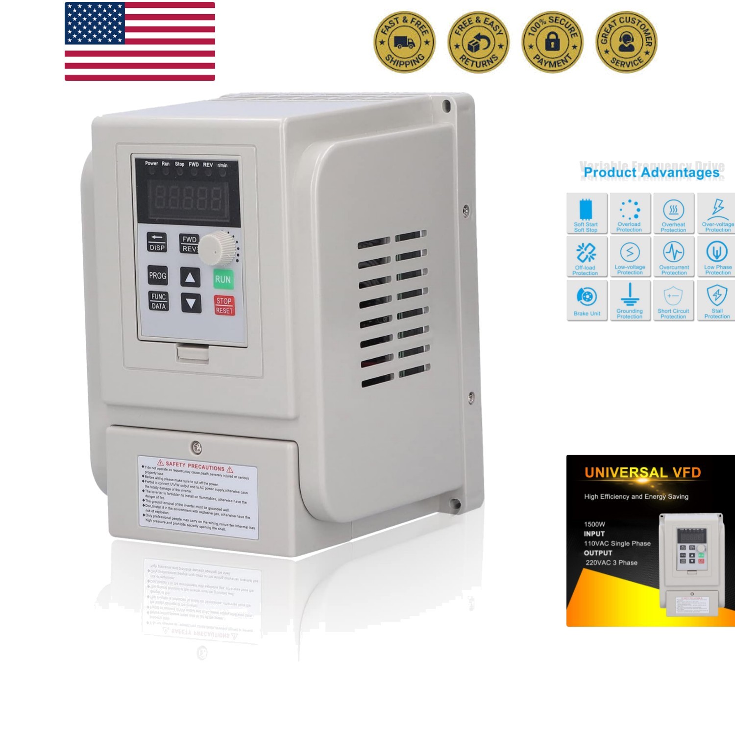VFD Variable Frequency Drive | 1500W Motor Speed Controller for 3-Phase Output