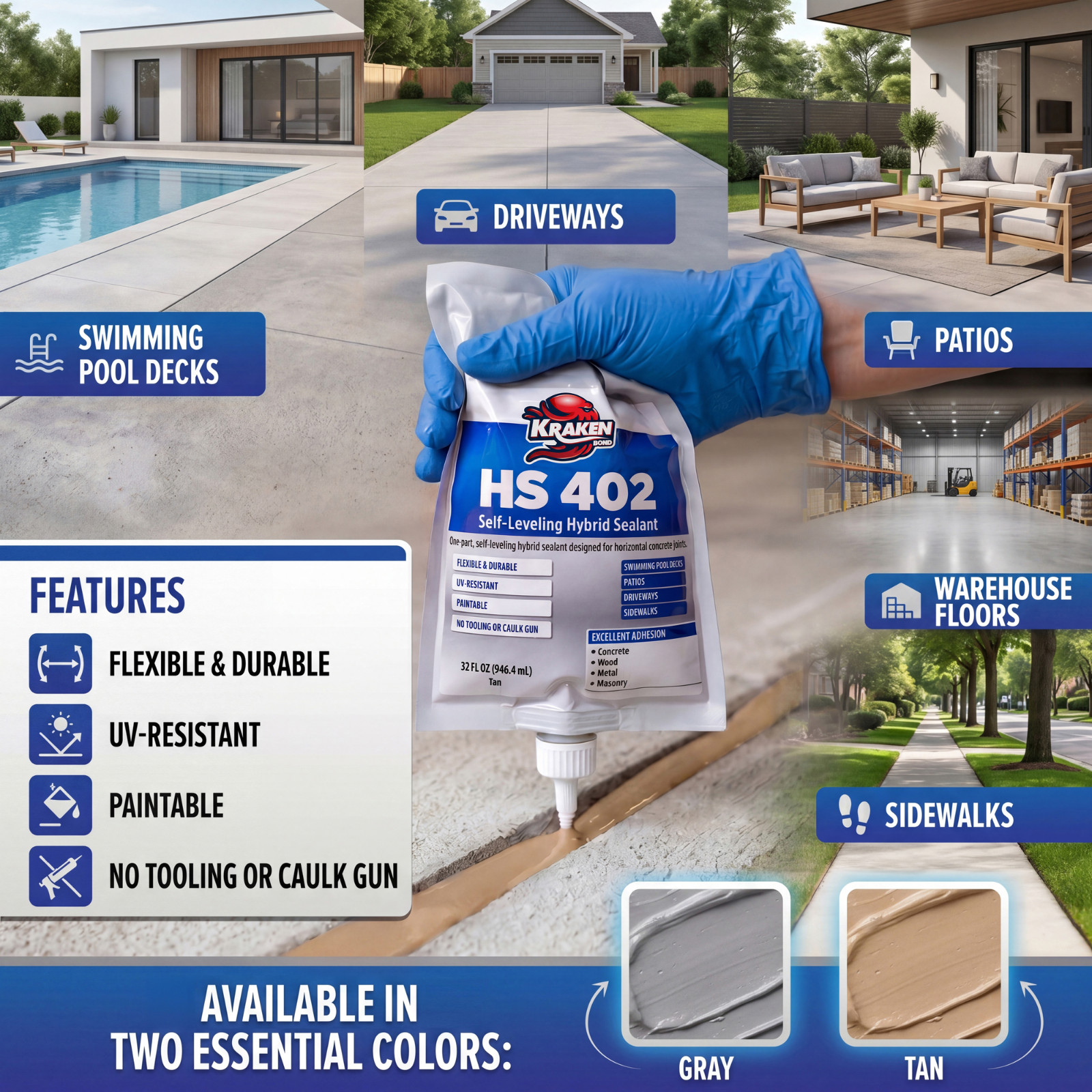 Kraken Bond HS 402 Self-Leveling Hybrid Sealant, 32fl.oz 12 Pack – Tan