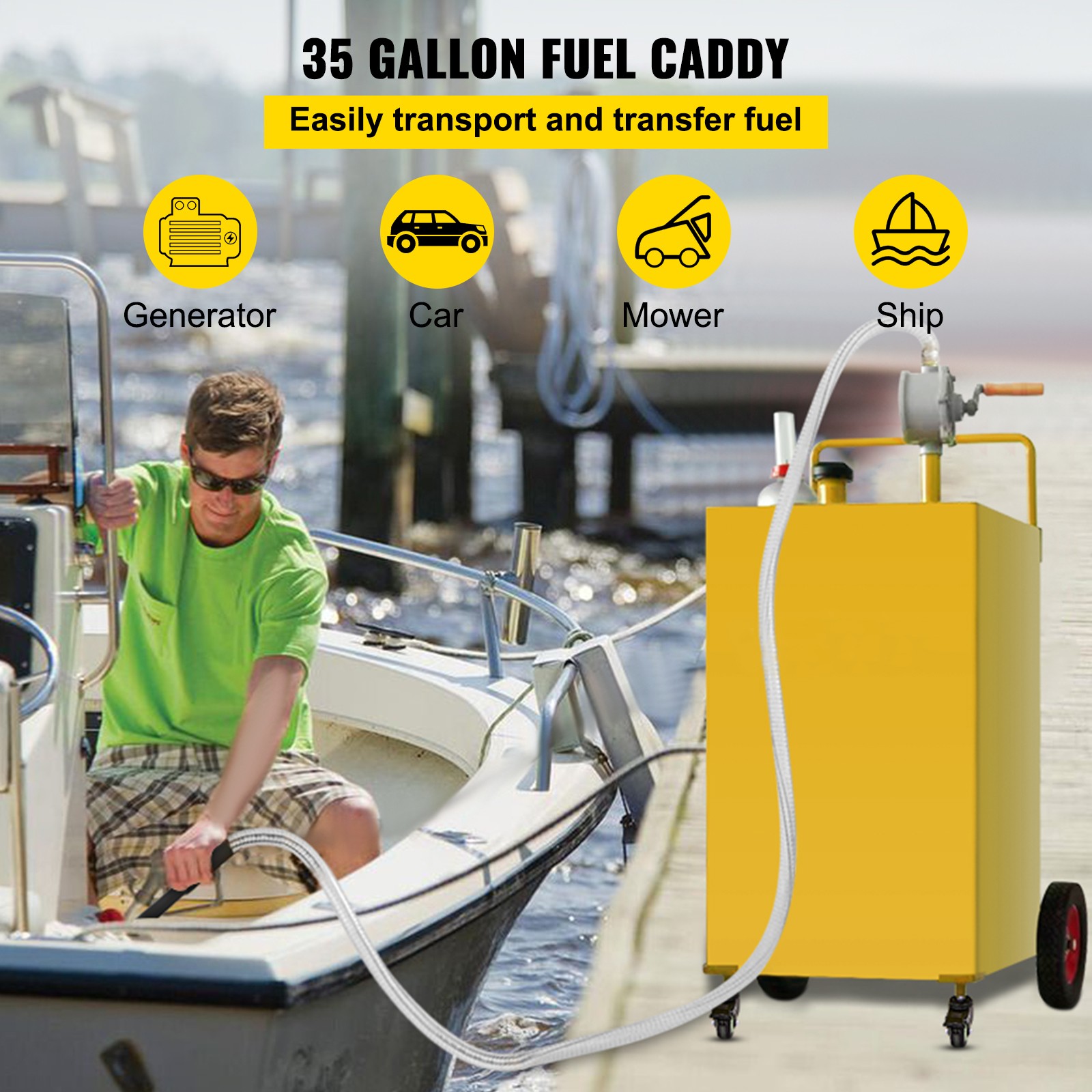 VEVOR Fuel Caddy Fuel Storage Tank 35 Gallon 4 Wheels with Manuel Pump Yellow