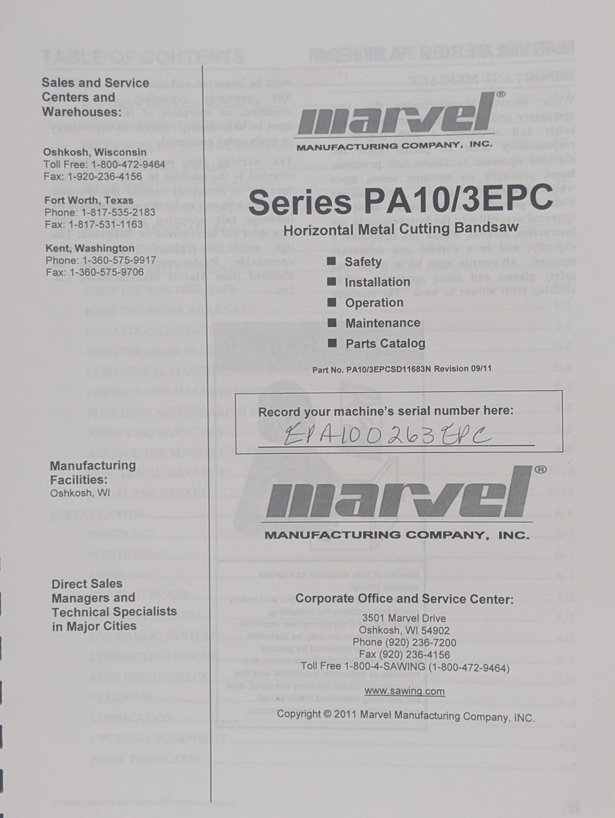 Marvel Manufacturing Series PA10/3EPC Horizontal Metal Cutting Bandsaw Manual