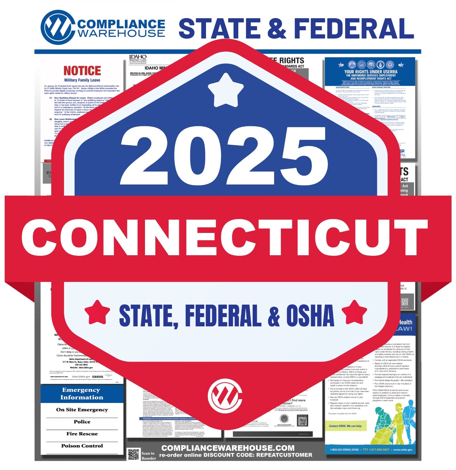 2025 Connecticut CT StateFed Labor Law All in1 Compliance Poster Paper/Laminated