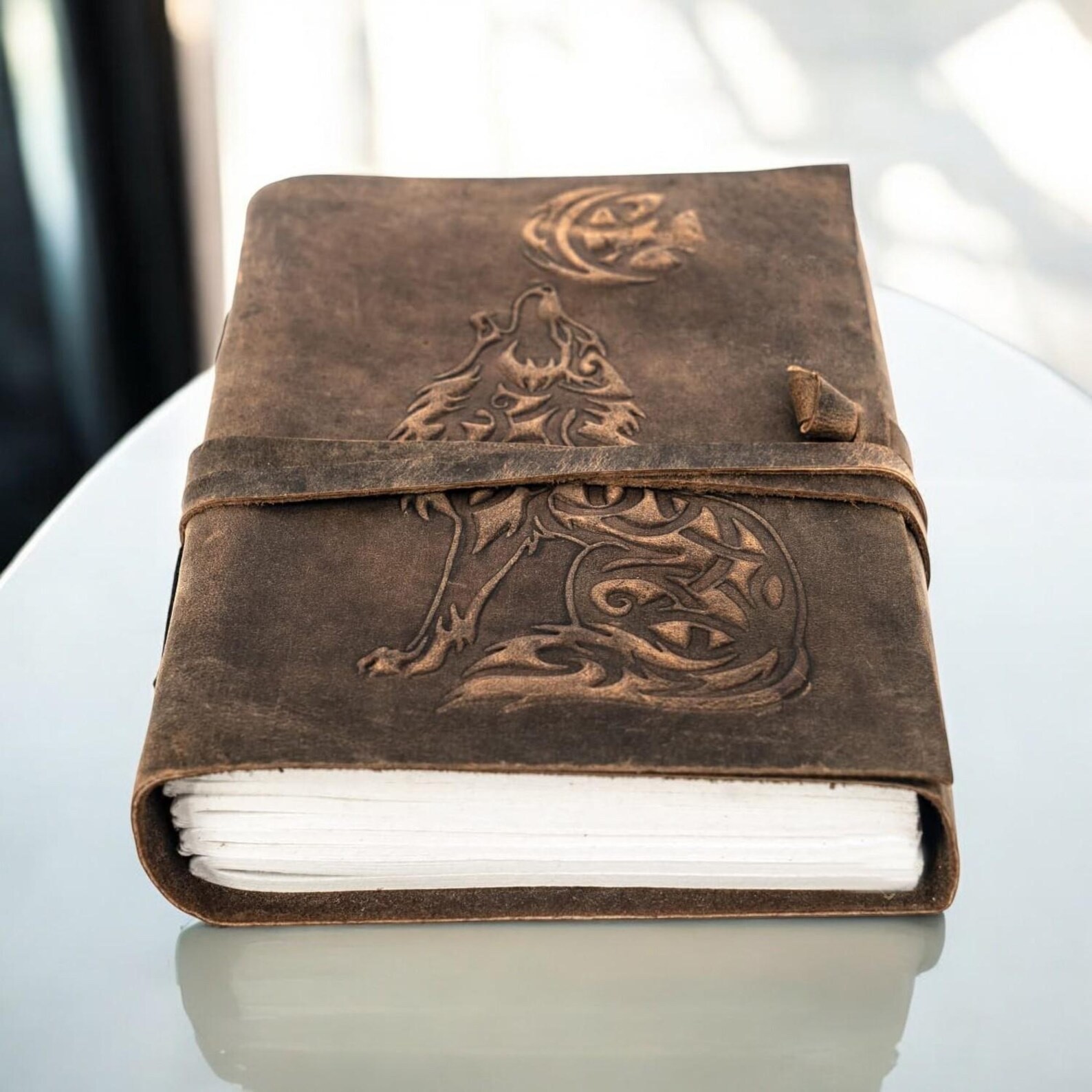 Handmade Leather Journal with Wolf, 200 Unlined Pages Diary | B1G1 Free