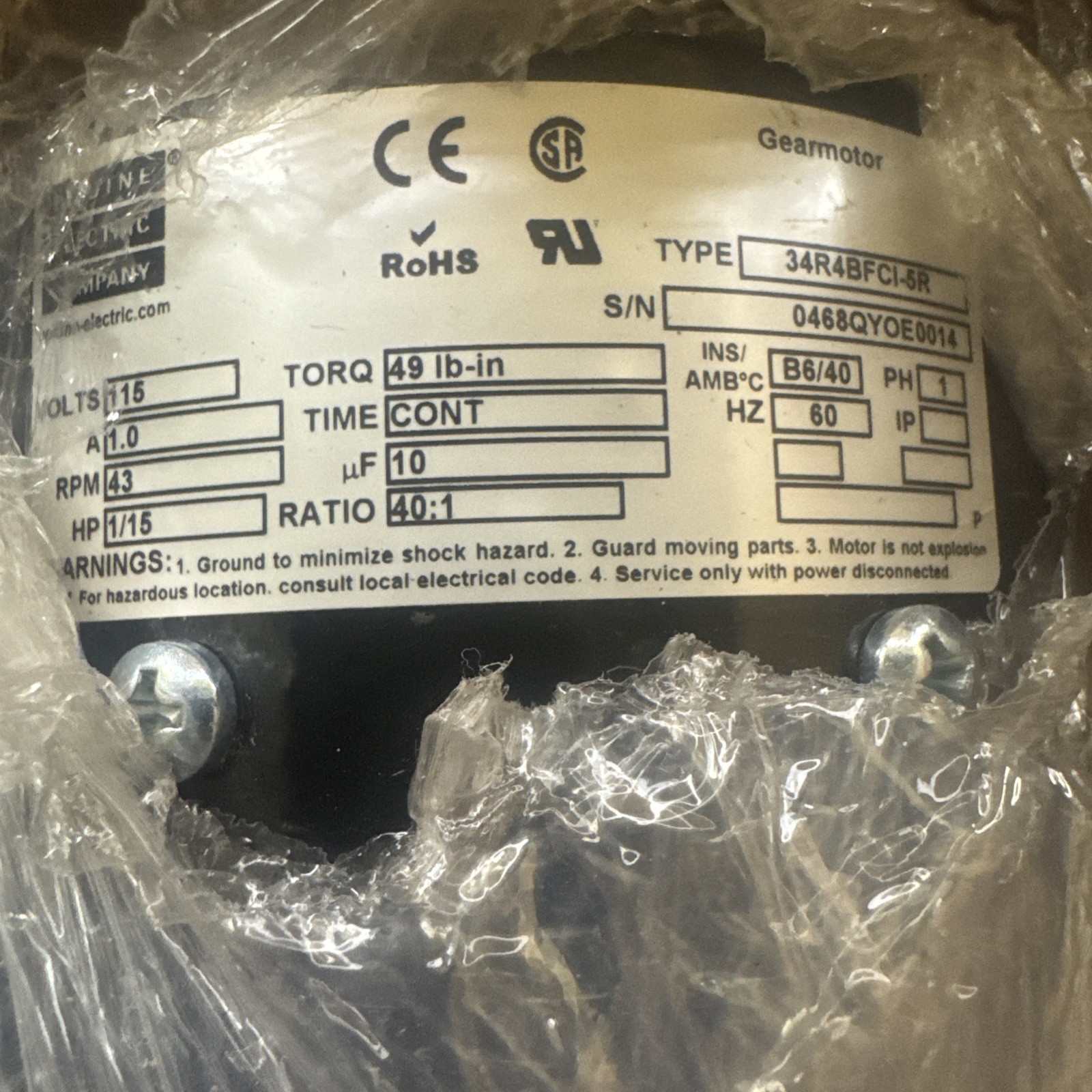 Bodine 34R4BFCI-5R 43 RPM 1/15 HP 115V AC Right Angle Gearmotor