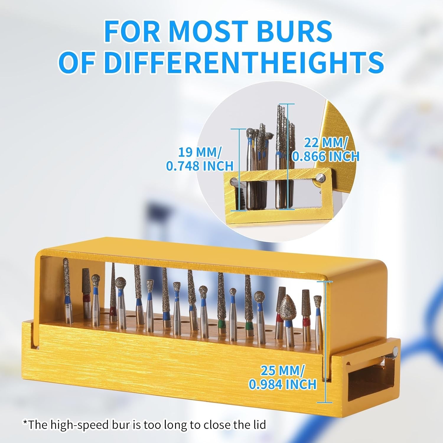 Gold Aluminum Dental Bur Holders – High-Speed Drill Storage with Flip-Top Access