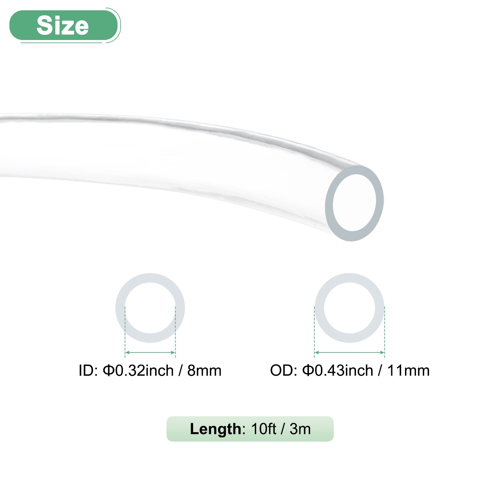 Clear Plastic Tubing, 0.32Inch(8mm) ID 0.43Inch(11mm) OD, 10ft(3.0m) Length