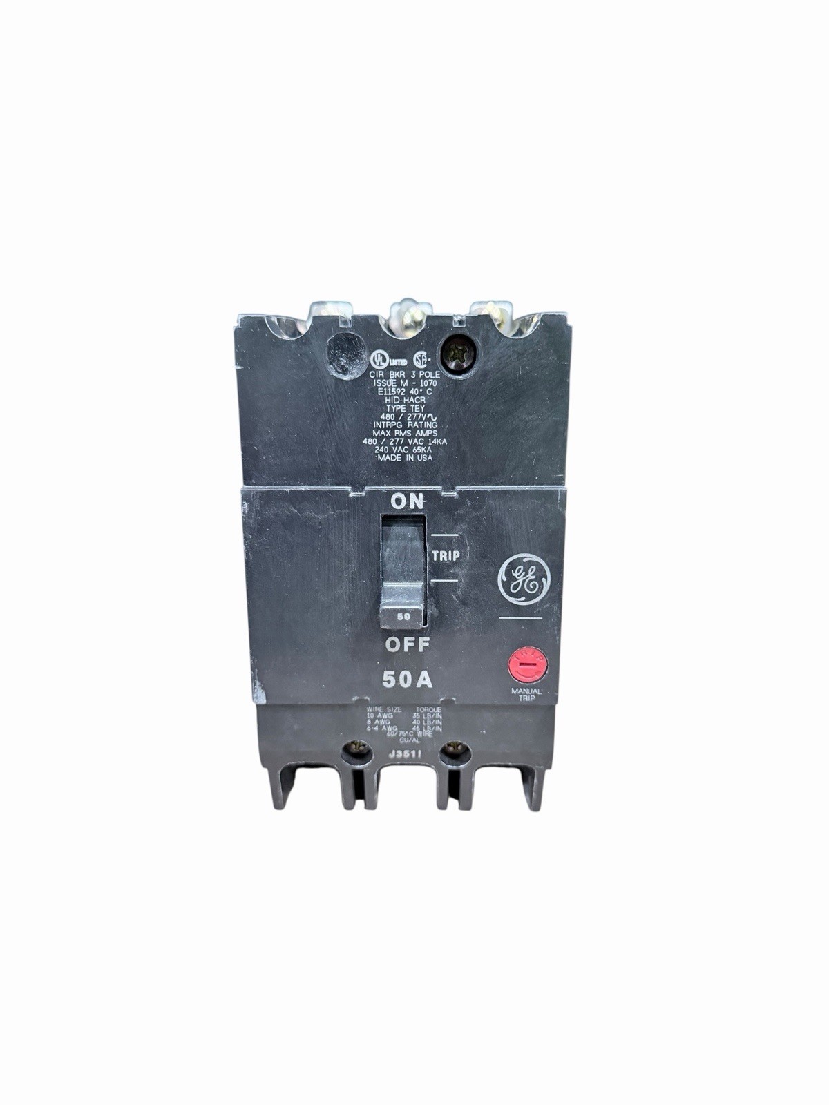 GE TEY350 50A 480Y/277V 3 Pole Circuit Breaker Q-Line Bolt-On