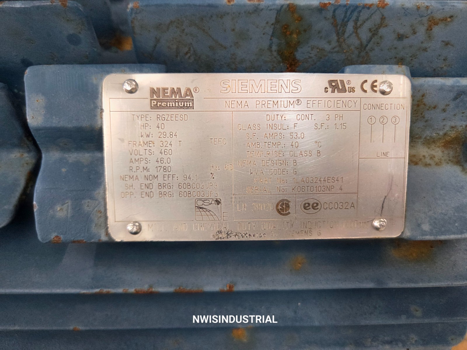 Siemens RGZEESD 40HP AC Motor 1780 RPM, 3PH, 460V, 324T, TEFC, 60HZ