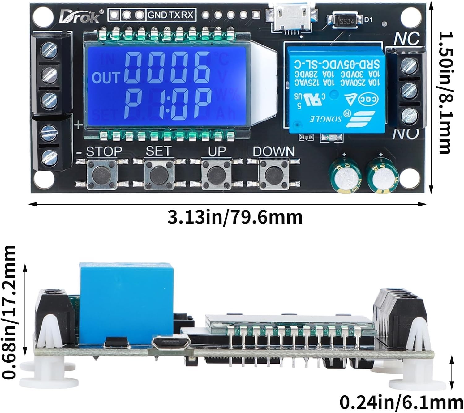 Adjustable Time Delay Relay Module with LCD Display and Micro USB Power Supply