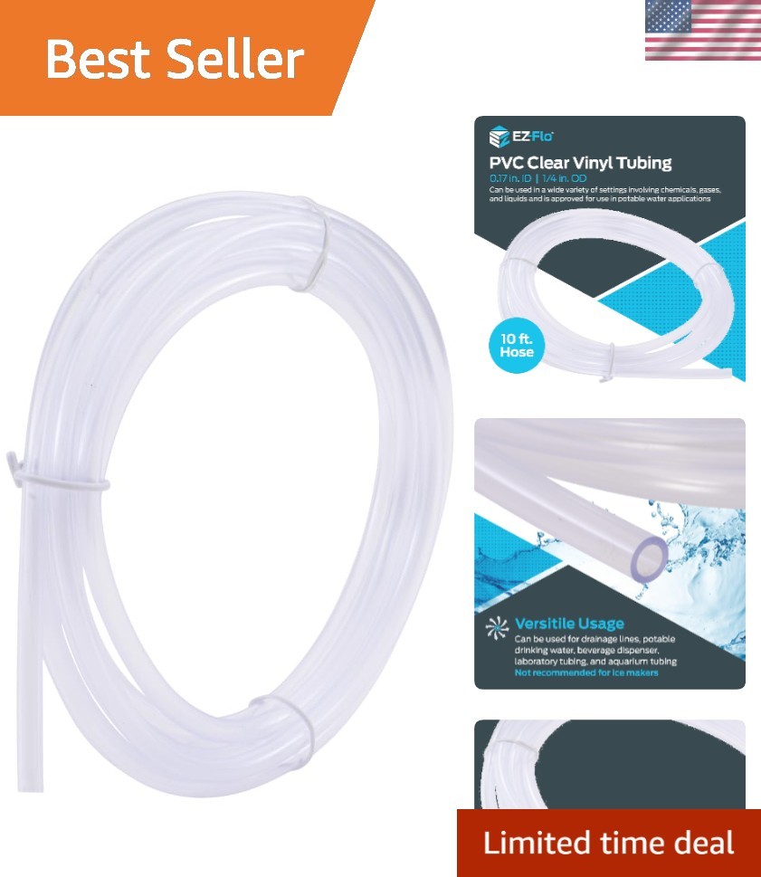 Flexible 10ft Clear PVC Tubing, 0.17 ID x 1/4 OD for Water & Chemical Transfer