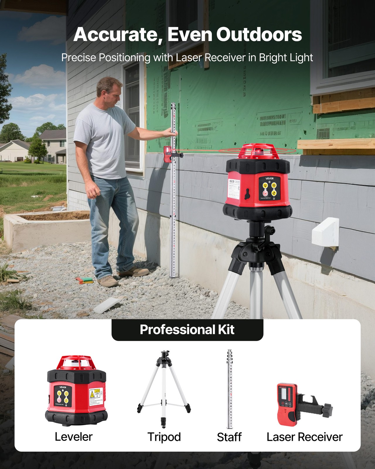 VEVOR 984ft Rotary Laser Level Kit Self Leveling Red Line with Tripod IP54