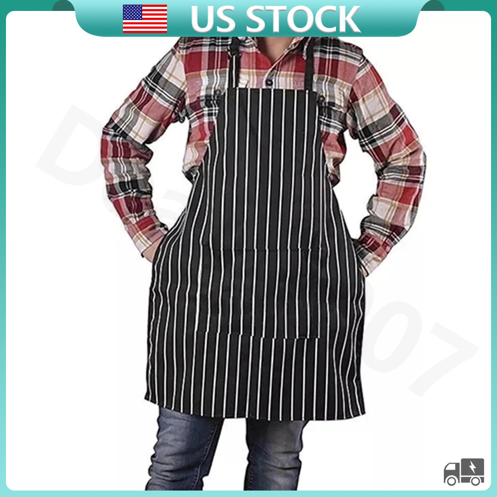 Adjustable Chef Apron with Two Pockets Striped Kitchen Bib For Men and Women
