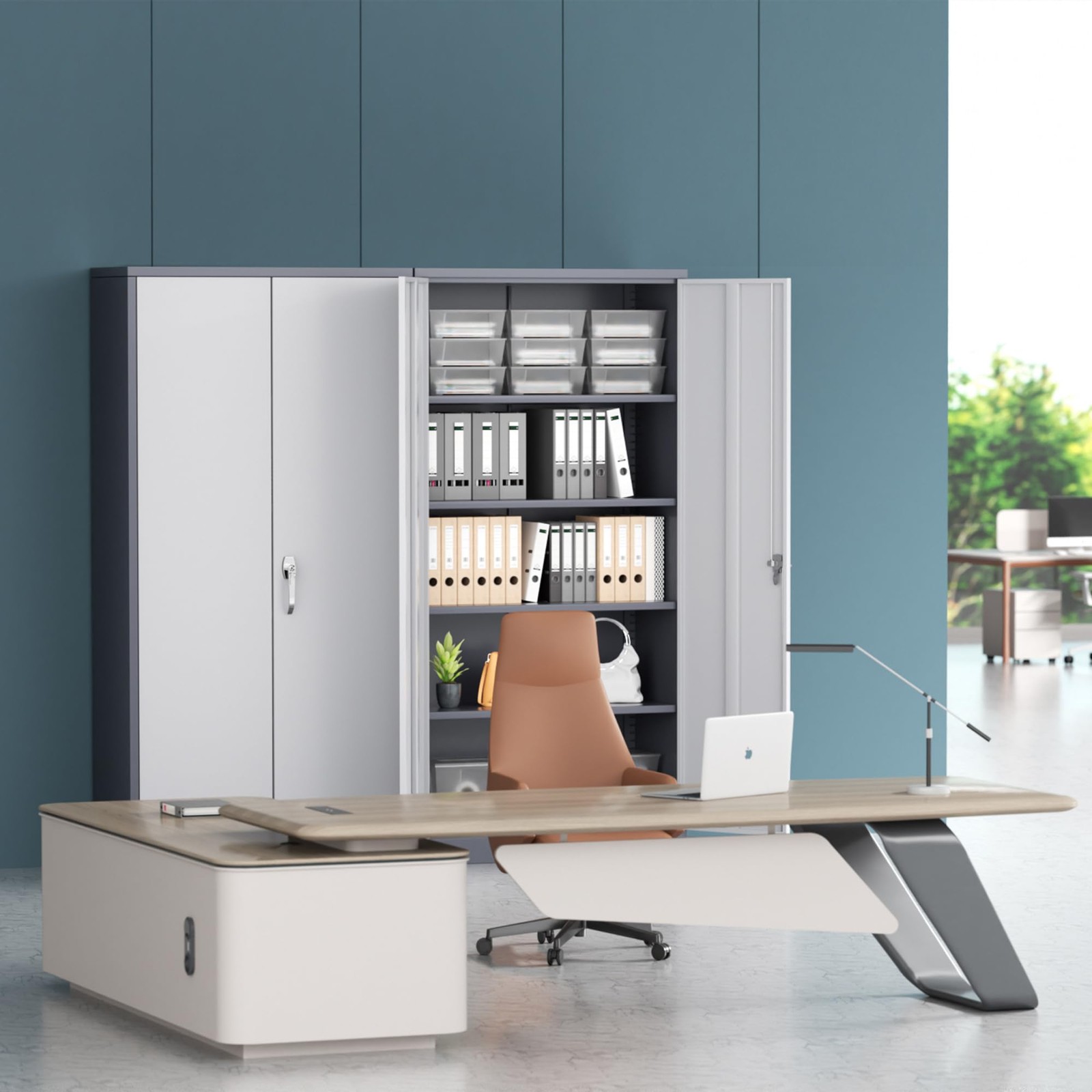 Metal Lockable Cabinet 72″H 2 Doors 4 Adj. Shelves Gray White Assembly Required