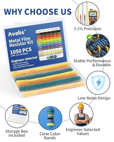 1050 Pcs 30 Values Resistor Kit 1/4 W +-1% Metal Film Fixed Resistors Assortment