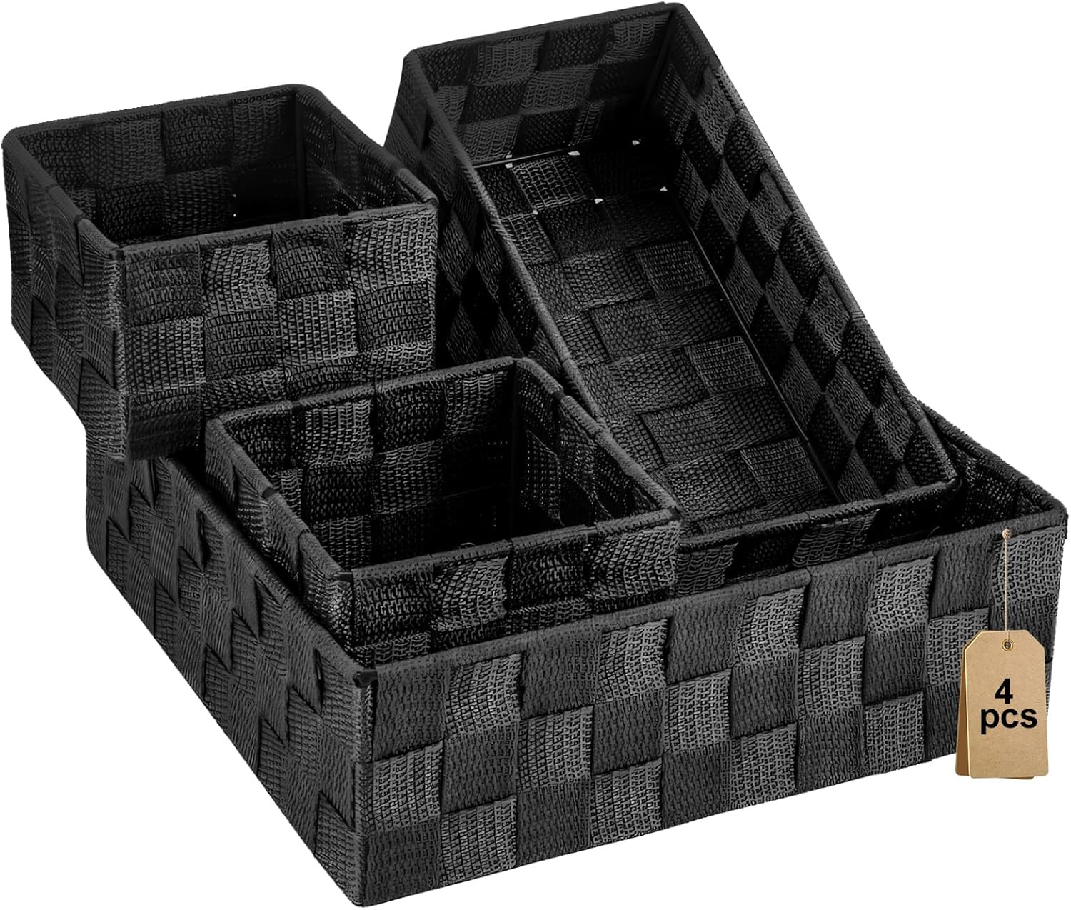 4pc Black Woven Basket Set Closet Drawer Organizer Small Storage Bins Metal Fram