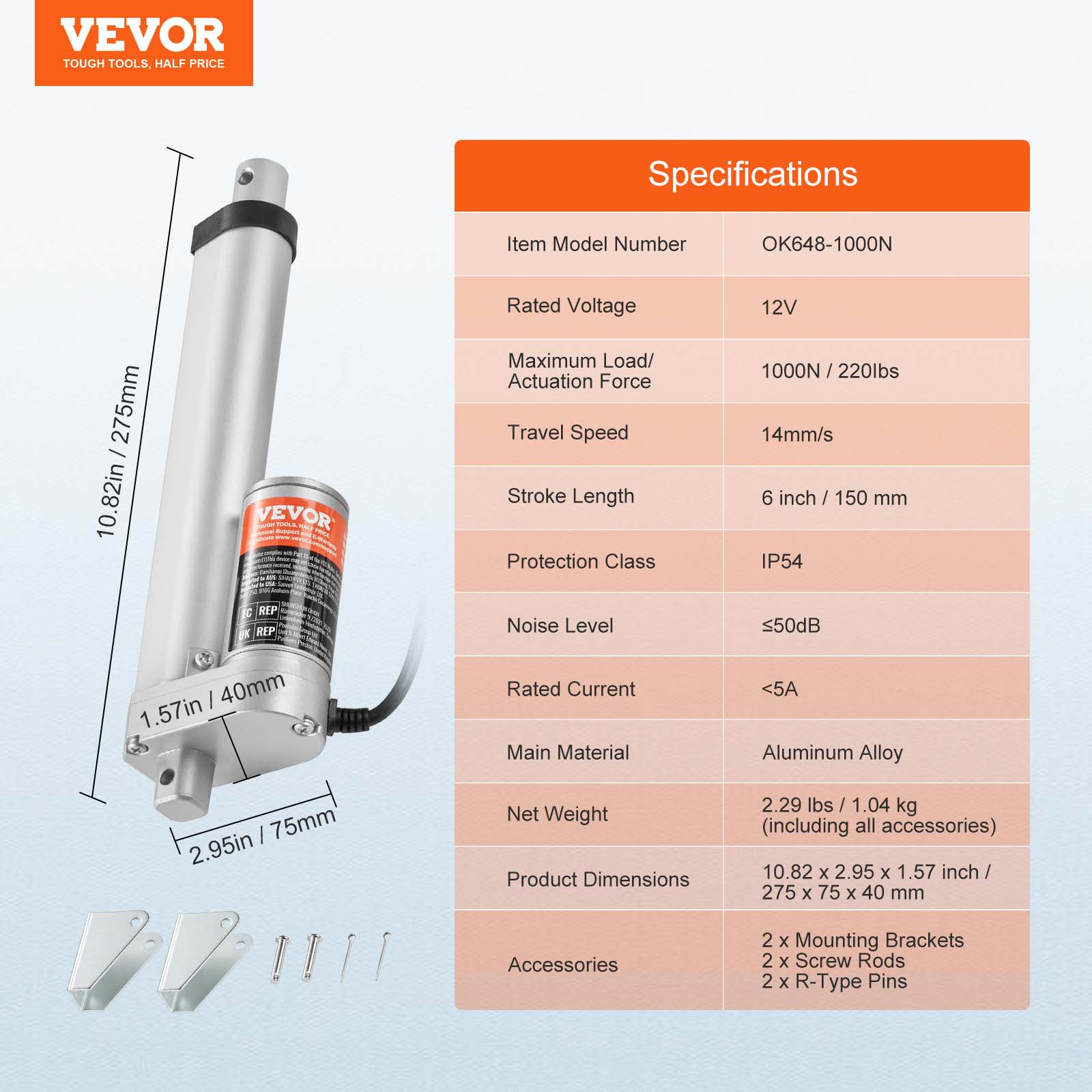 VEVOR Linear Actuator 12V 6Inch 0.55″/s High Speed 220lbs/1000N IP54 Protection