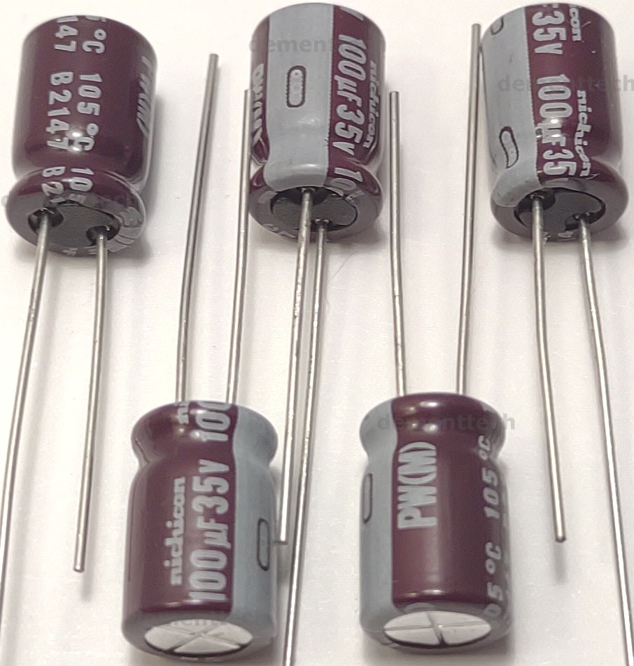 5x 100uF 35V Nichicon PW Low-ESR Impedance 105C radial capacitors replaces 25V