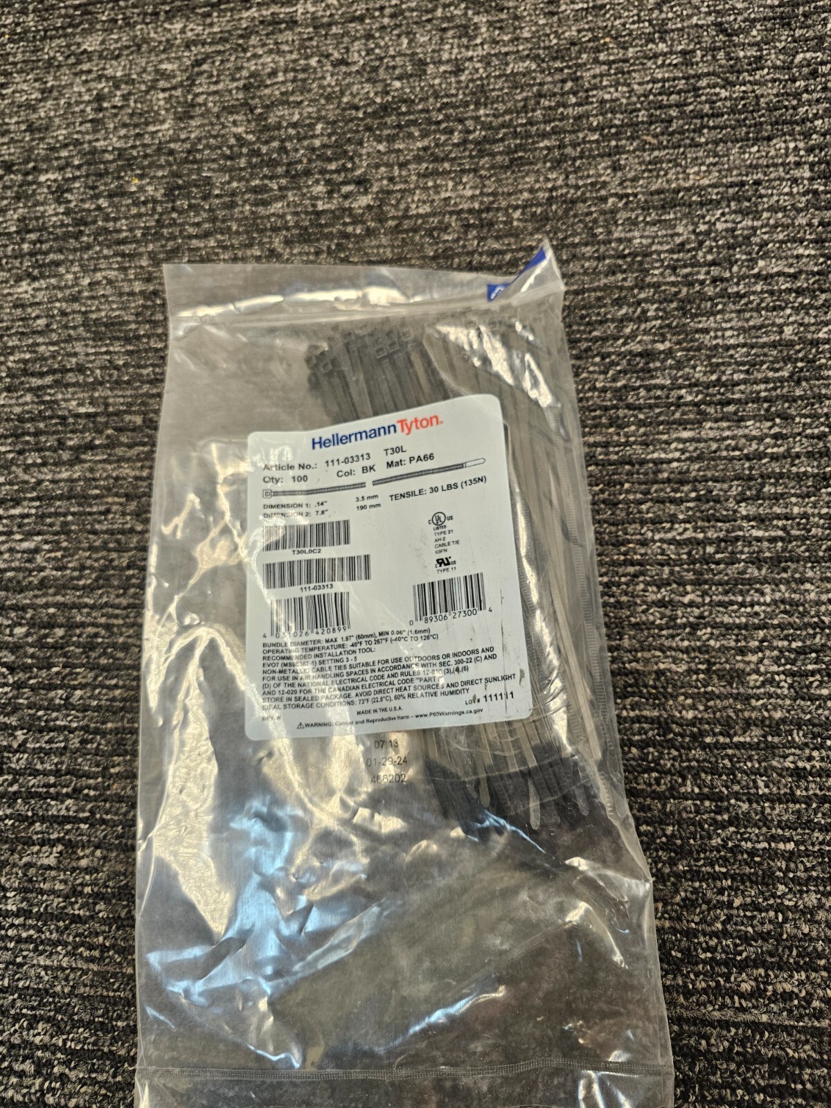 (QTY 1100) HellermannTyton 111-03313 T30L Nylon Cable Tie, Black, 7.5″ 30lb