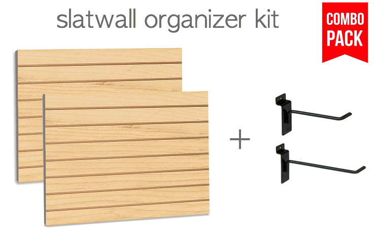 Maple Slatwall Panels Organizer Kit (2) 24″ x 48″ Panels+ 30 Hooks 4″ & 6″-15 ea
