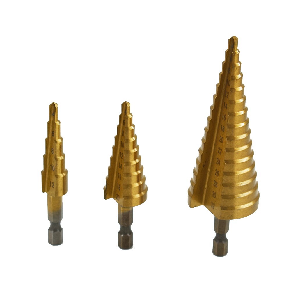 3 Pcs HSS Step Drill Bit Set Titanium Coated High-Speed Steel Cone Drill Bit New