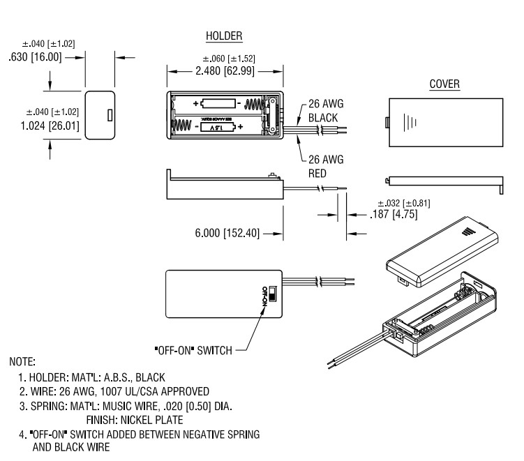 2 x AAA Enclosed Battery Holder with Switch and Wire Leads