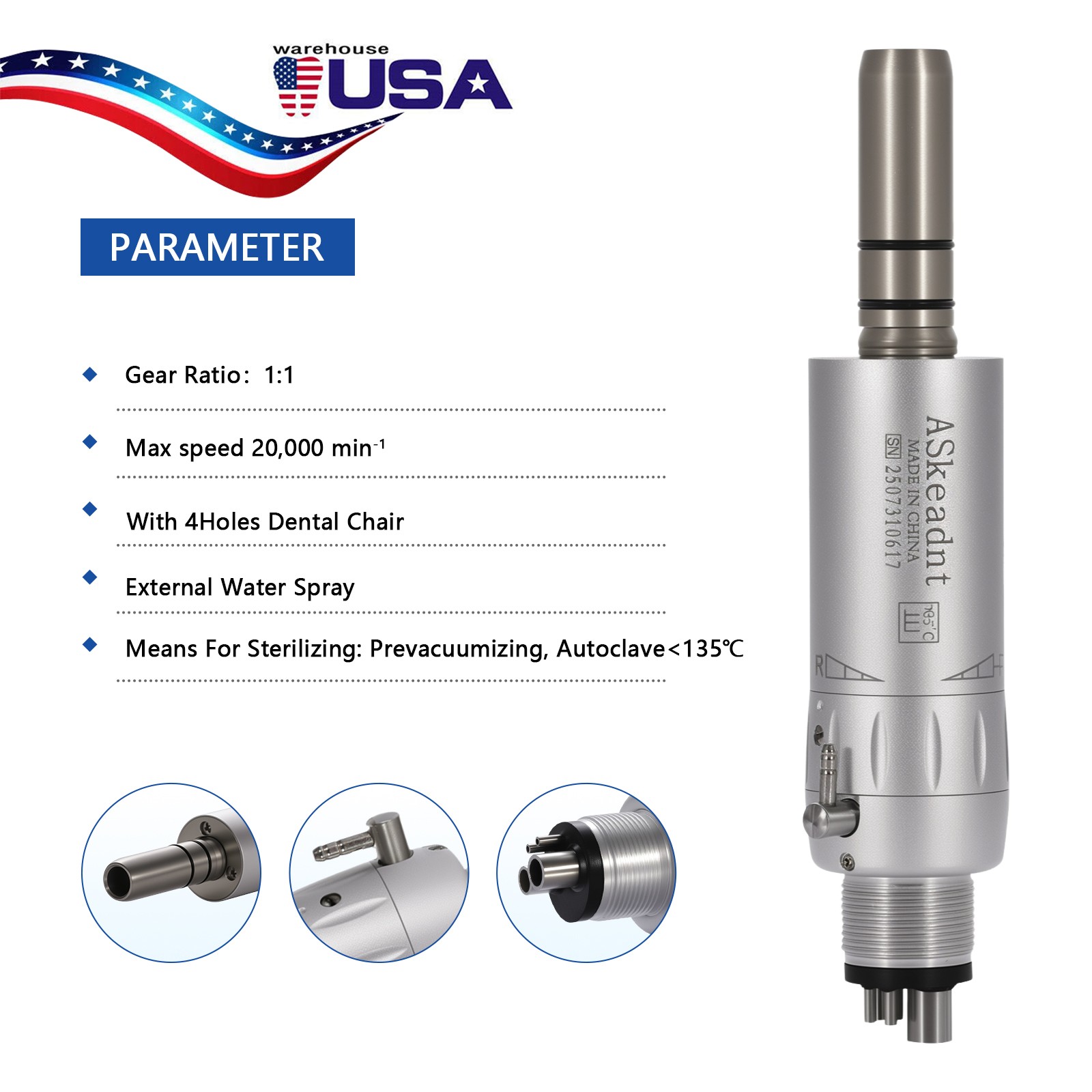 5X ASkeadnt Dental Slow Low Speed Handpiece Air Motor E-type 4 Holes AS Y