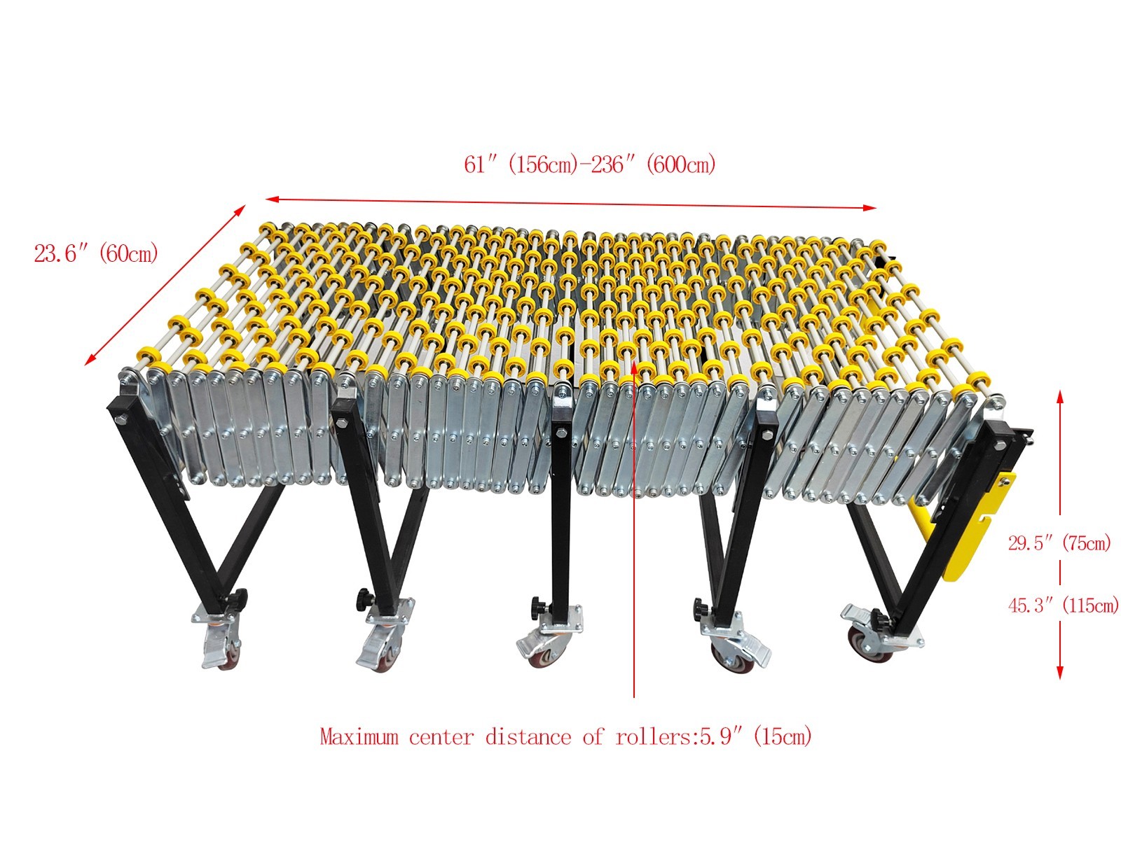 Folding Conveyor 5.1-19.66ft Length Unpowered Roller Conveyors 23.6″ Width