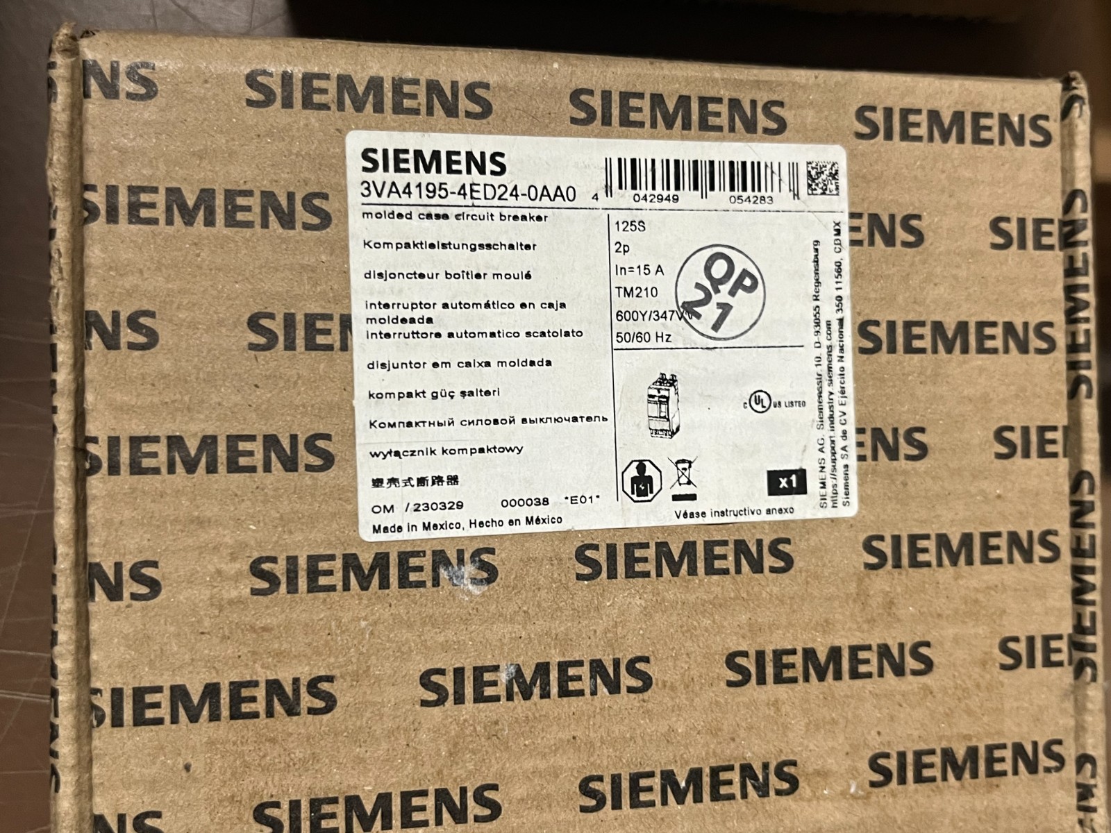 Siemens 3VA4195-4ED24-0AA0 15A 2p 600Y/347V Molded Case Breaker New in BOX