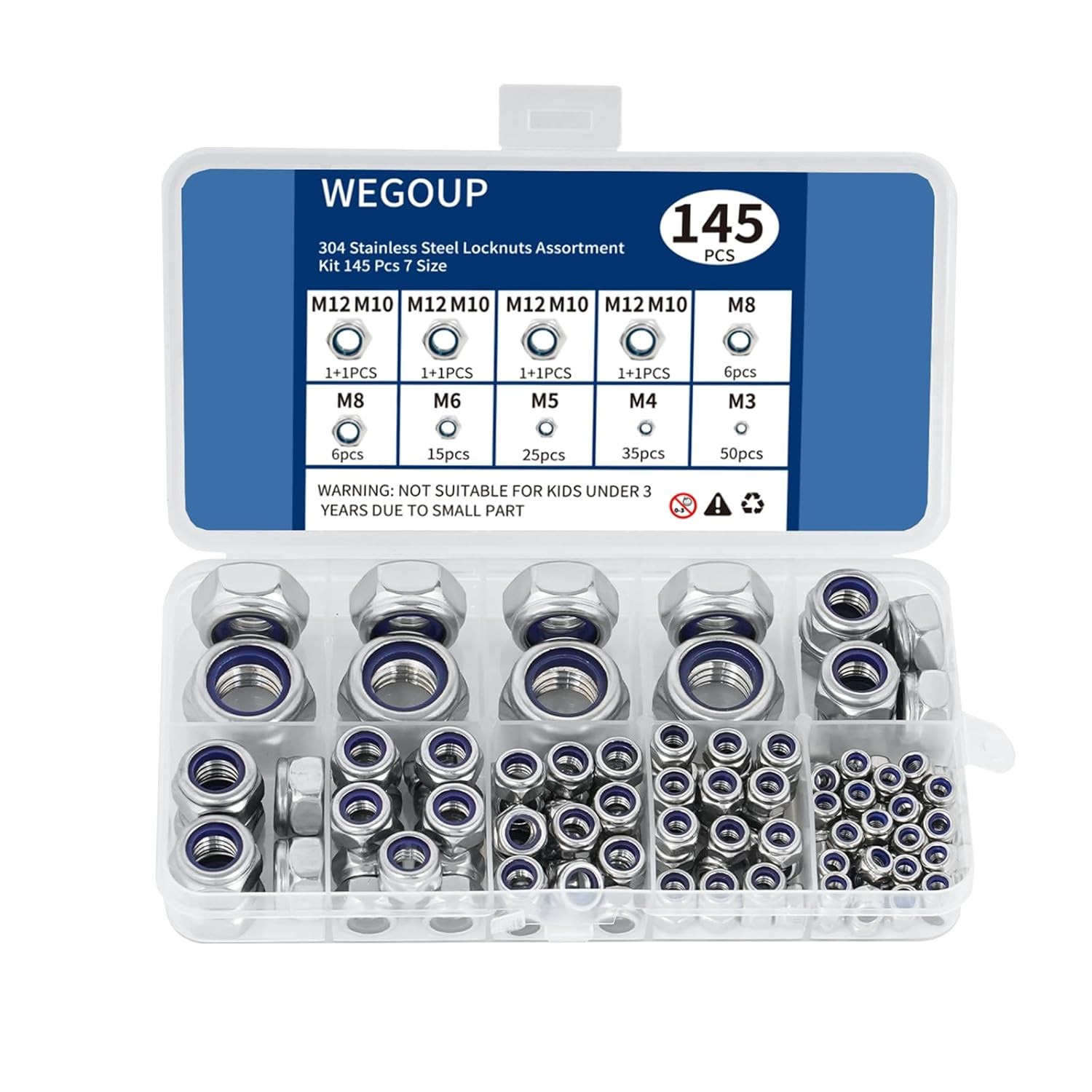 145 PCS Metric Nylon Insert Lock Nuts Kit M3–M12 304 Stainless Steel Hex Set