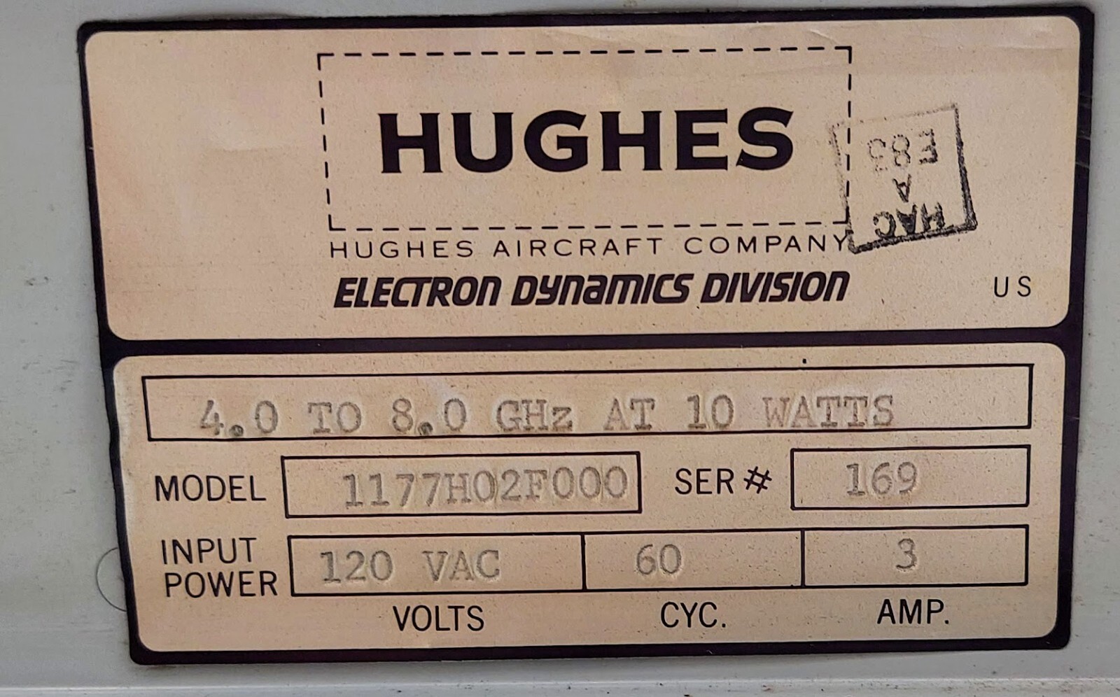 HUGHES 1177H02F000 Traveling Wave Tube RF Amplifier