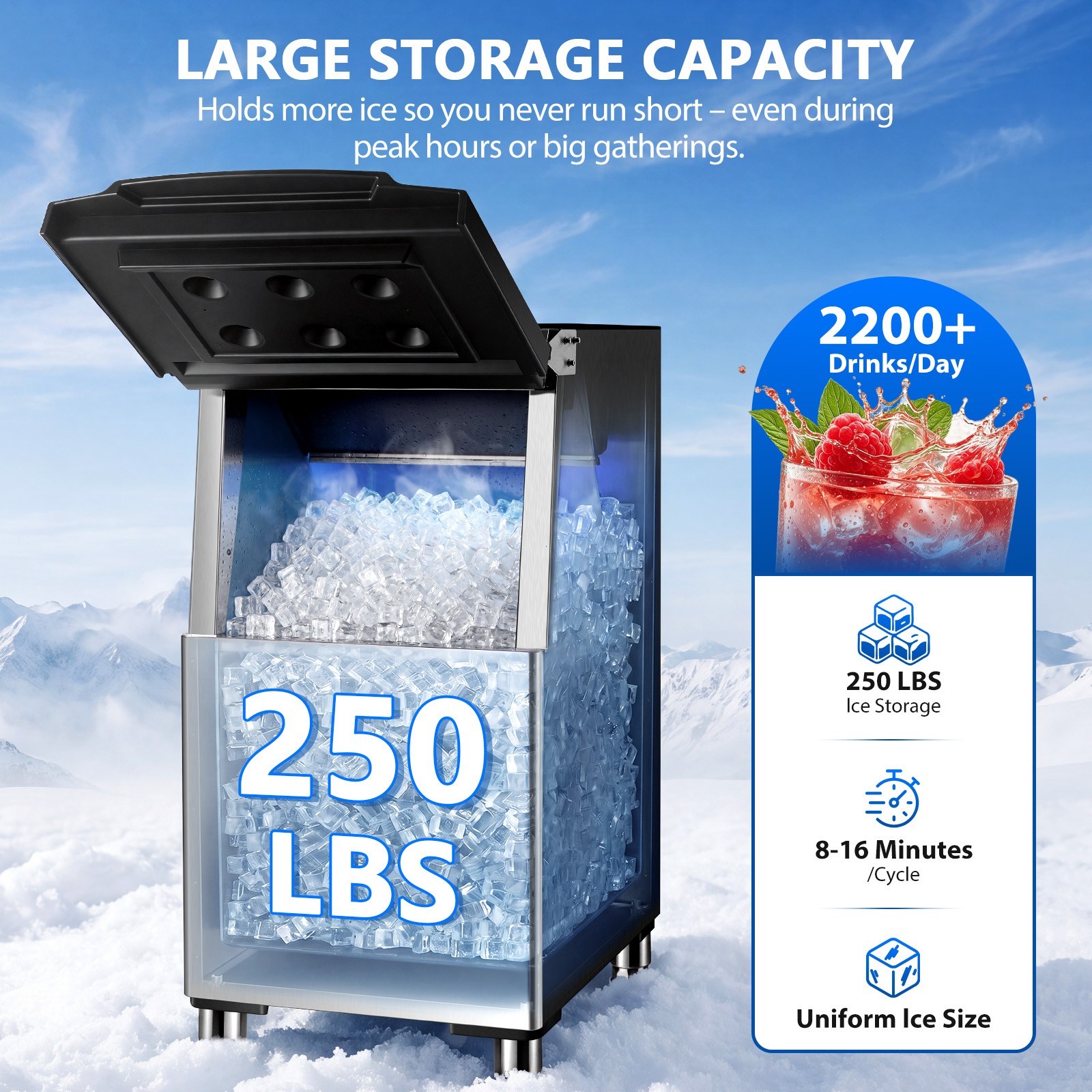 Zomagas Ice Maker 450lbs Daily 250lbs Storage Defrost Self Clean 156 Pcs Cycle