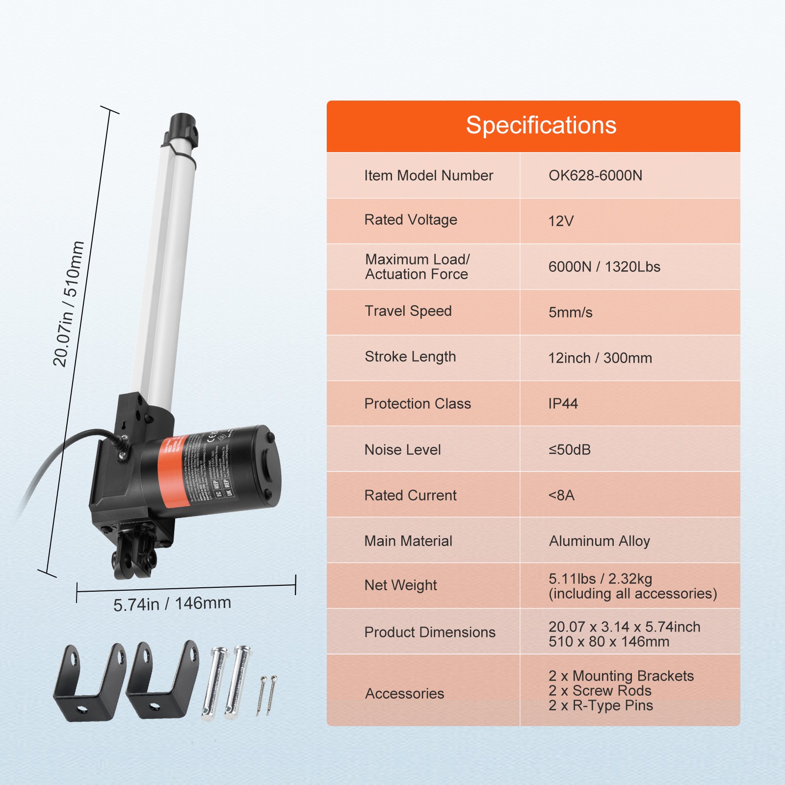VEVOR Linear Actuator 12V 12In Heavy Duty 1320lbs/6000N 0.19″/s IP44 Protection
