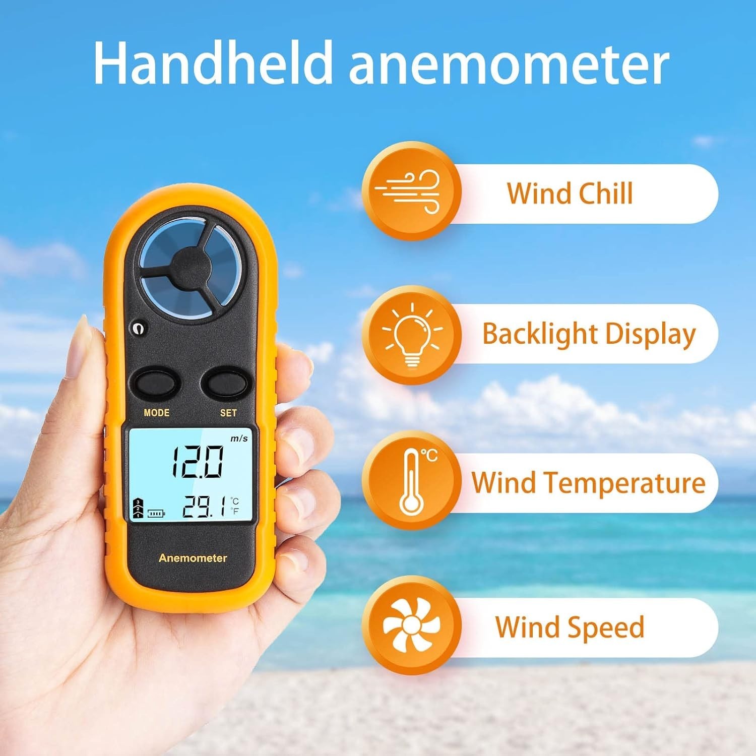 Anemometer Handheld, Light Weight Digital Wind Speed Meter, Wind Speed Temperatu