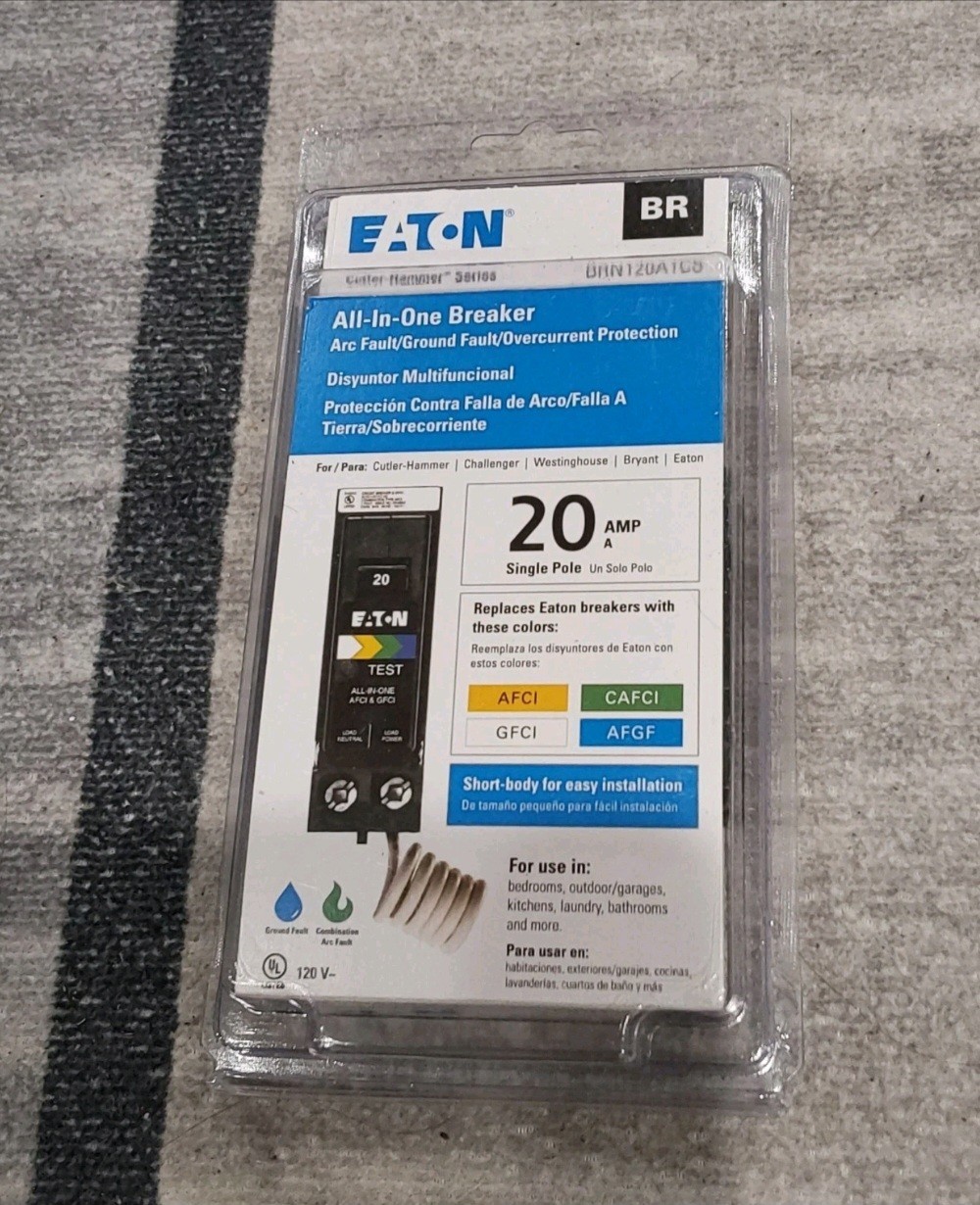 Eaton BRN120A1CS BR 20A 120V 1-Pole Arc Fault/Ground Fault Circuit Breaker NEWE2