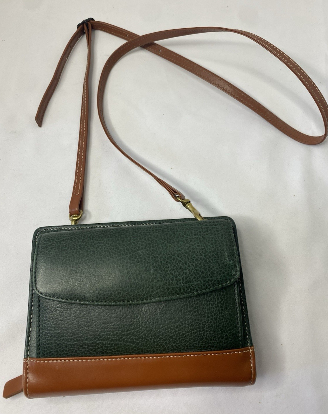VINTAGE FRANKLIN QUEST ZIP PLANNER LEATHER GREEN/BROWN W/ADJ STRAP 6-1″ RINGS