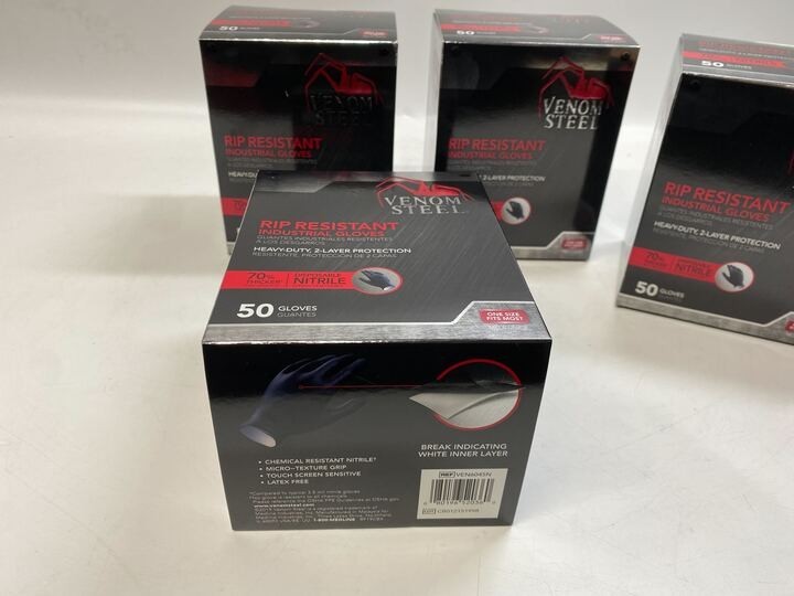Lot of 4 VENOM STEEL Nitrile Gloves Rip Resistant Size Fits Most- 50 per box