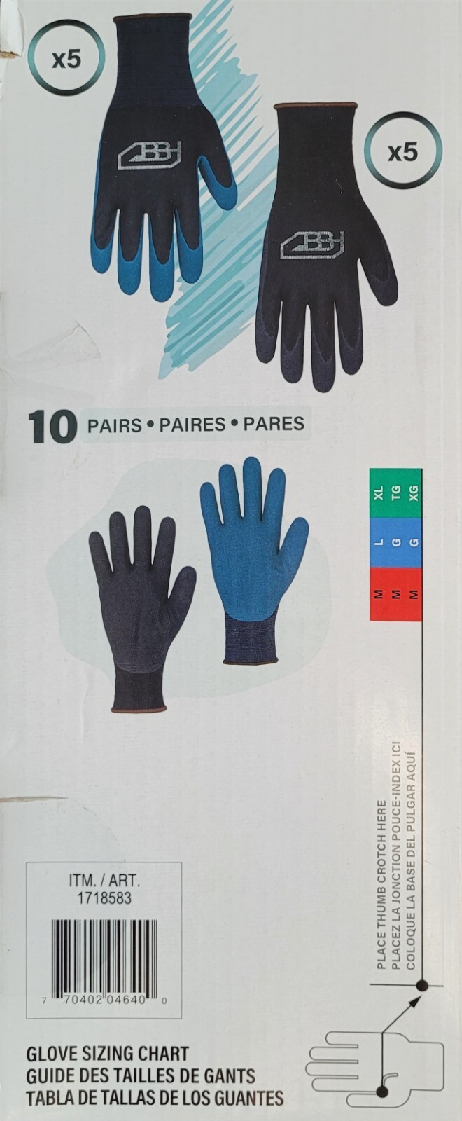 BBH Spring Work Gloves Latex Coated Multicolor 10 Pairs, size M, L, or XL