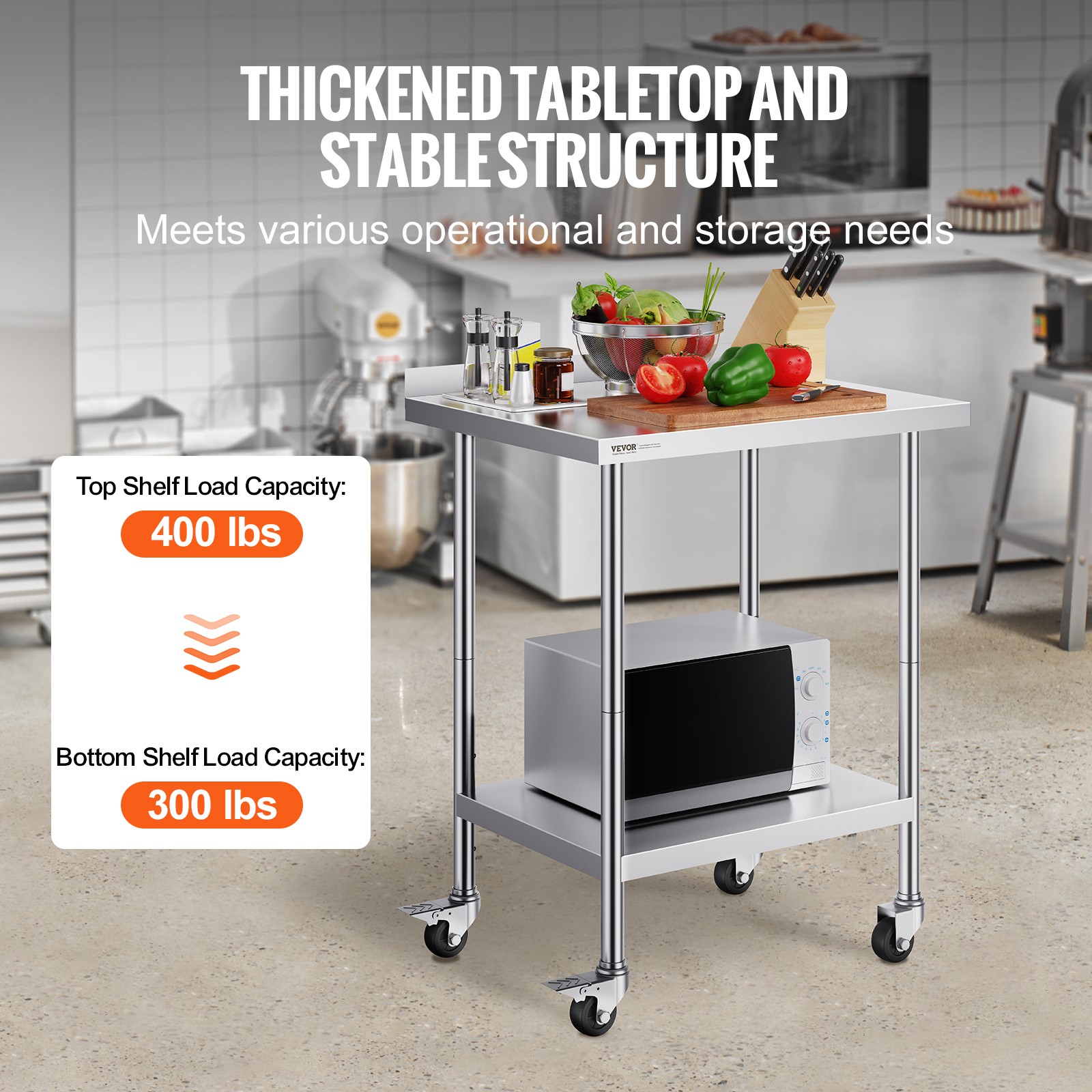 VEVOR Stainless Steel Work Table Commercial Food Prep Table 24″x30″ with Casters