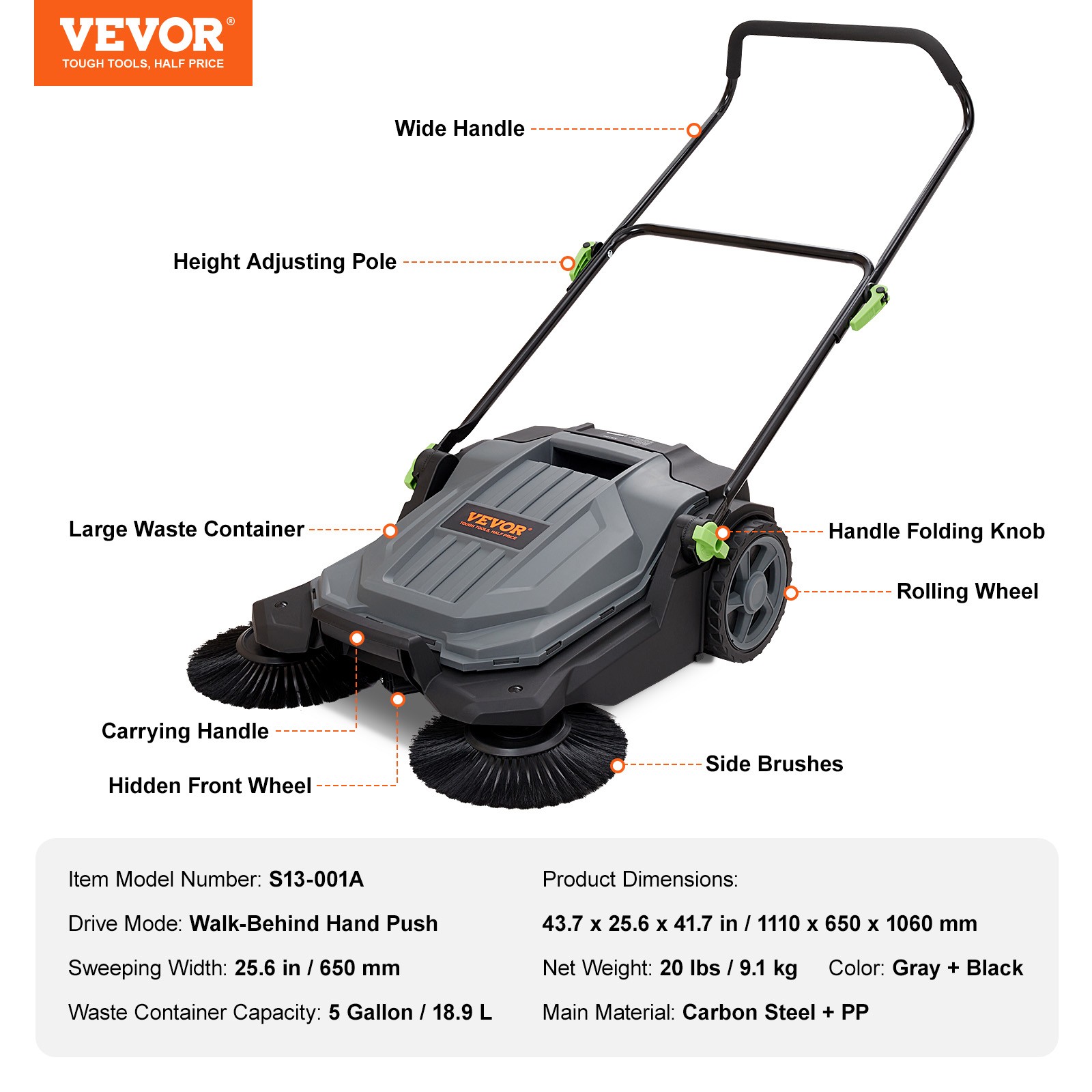 VEVOR Walk-behind Hand Push Floor Sweeper 25.6″ Width 5 Gallon Waste Container