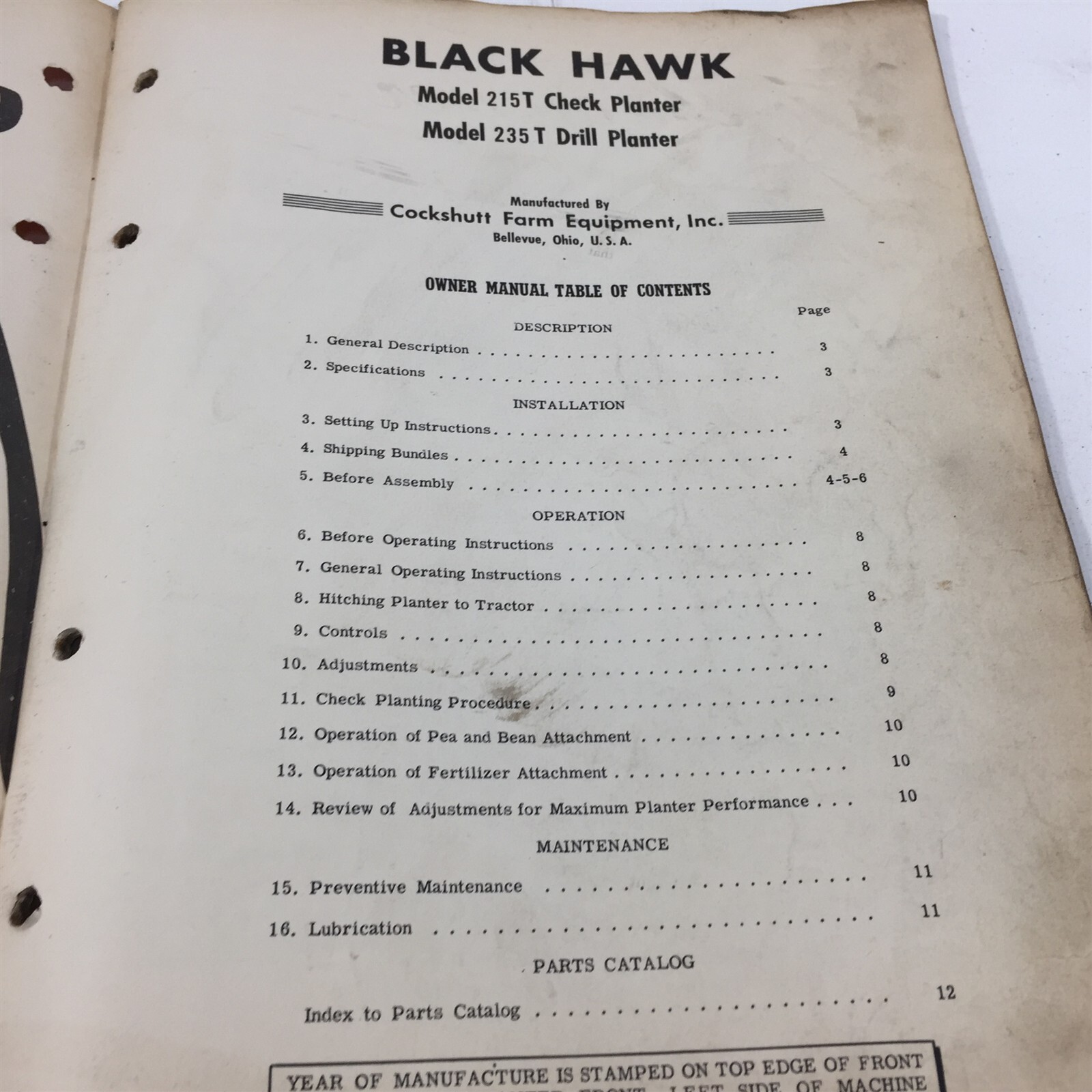 Genuine 1953 CO-OP Black Hawk 215T 235T Corn Planters Owner Manual