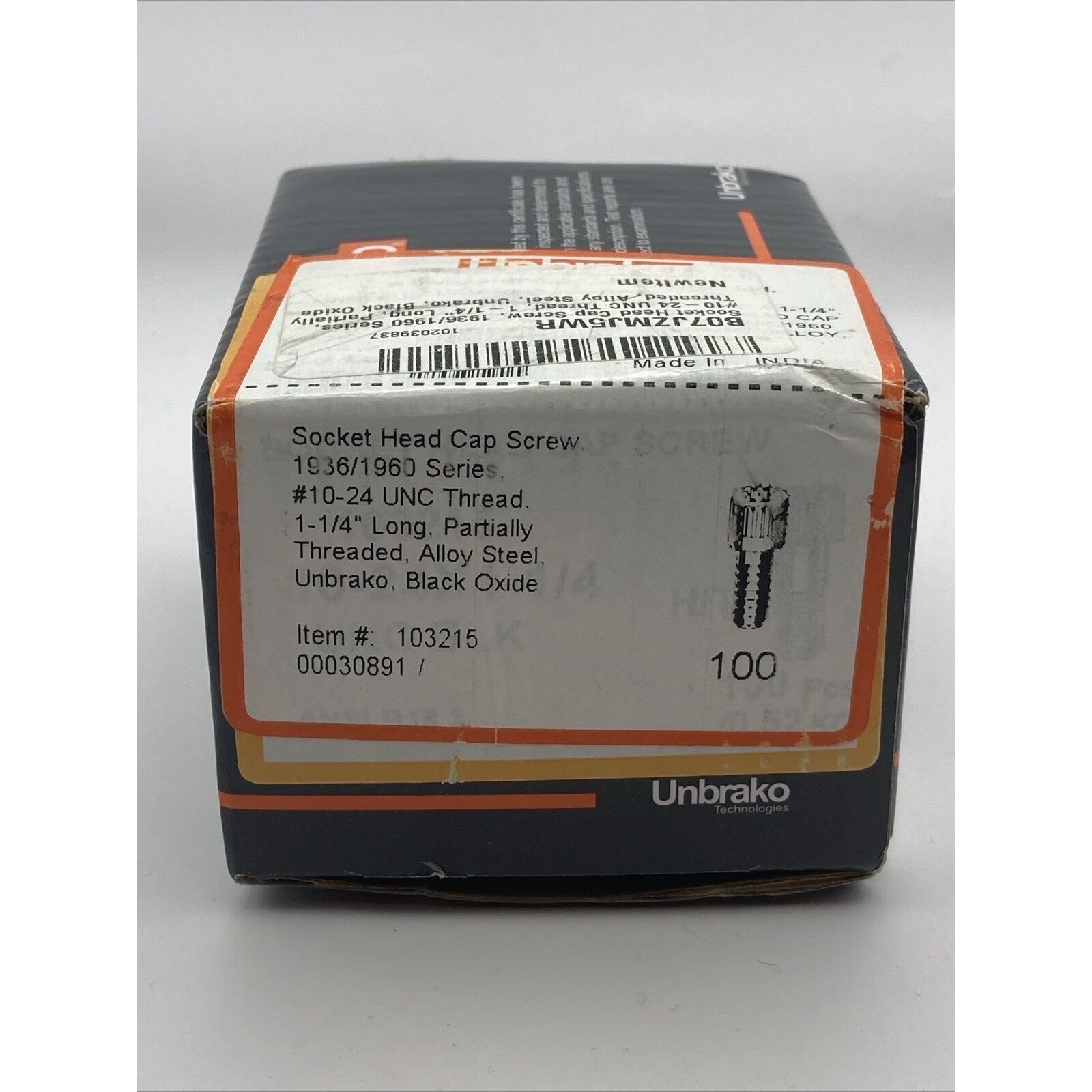 Unbrako Socket Head Cap Screw #10-24 UNC Thread 1-1/4″ Partially Threaded 100